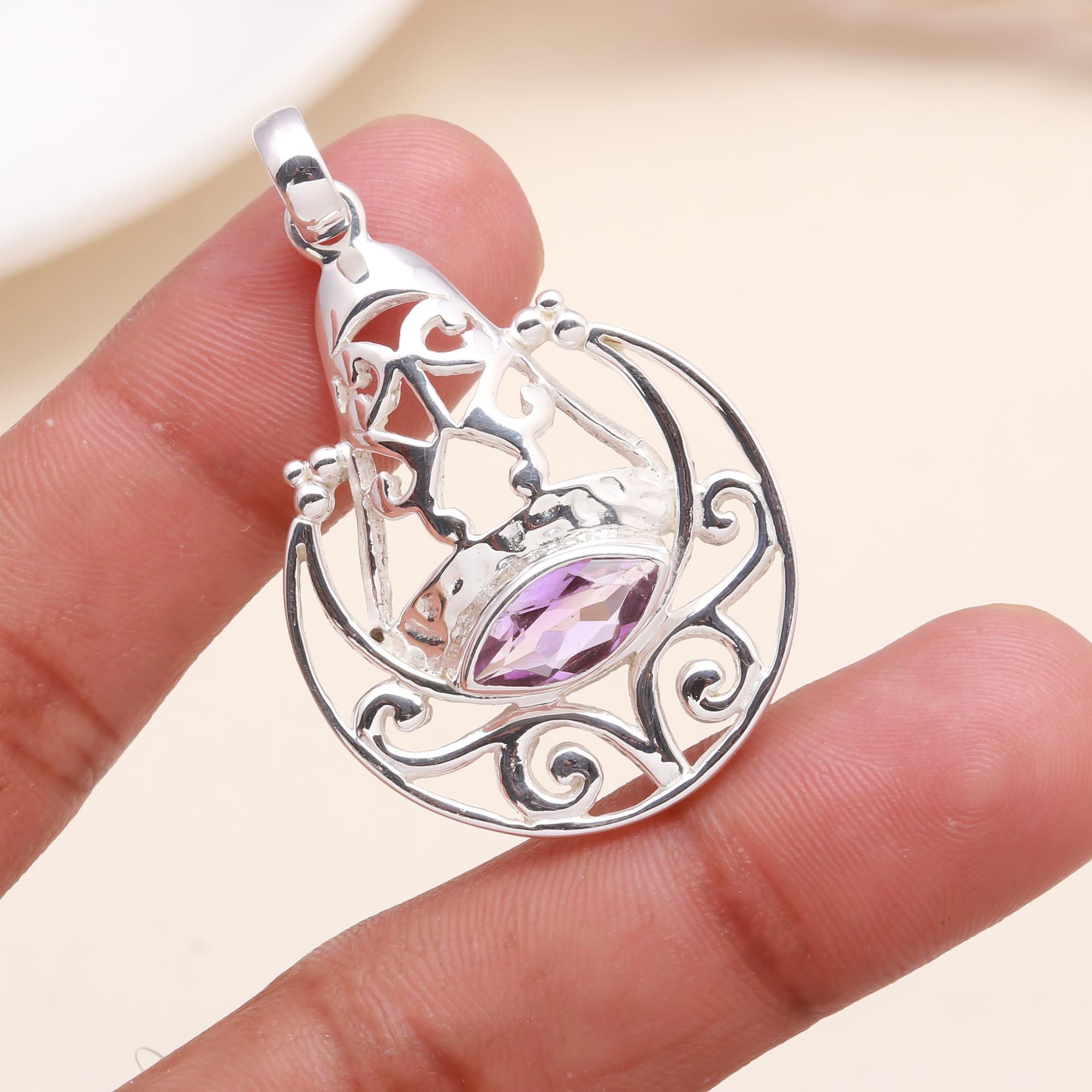 925 Sterling Silver Amethyst Moon & Star Pendant