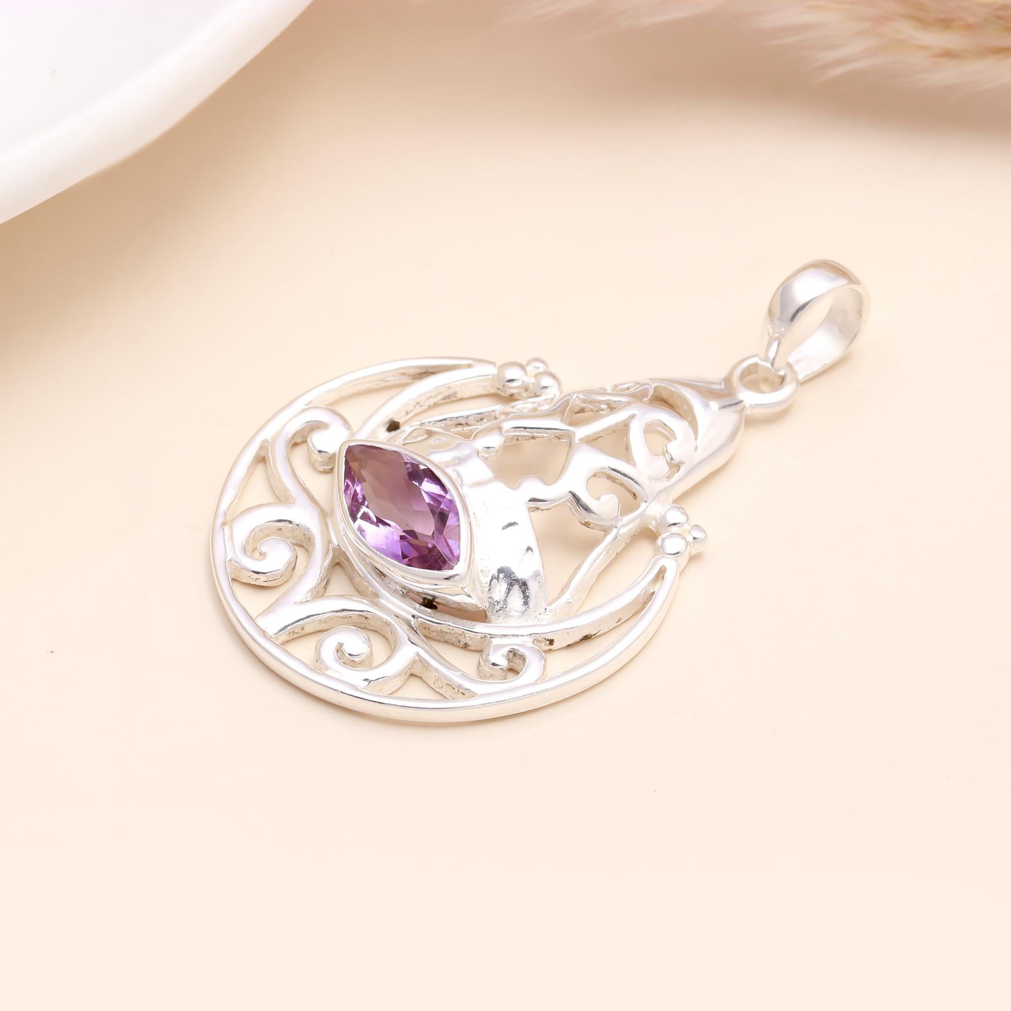 925 Sterling Silver Amethyst Moon & Star Pendant