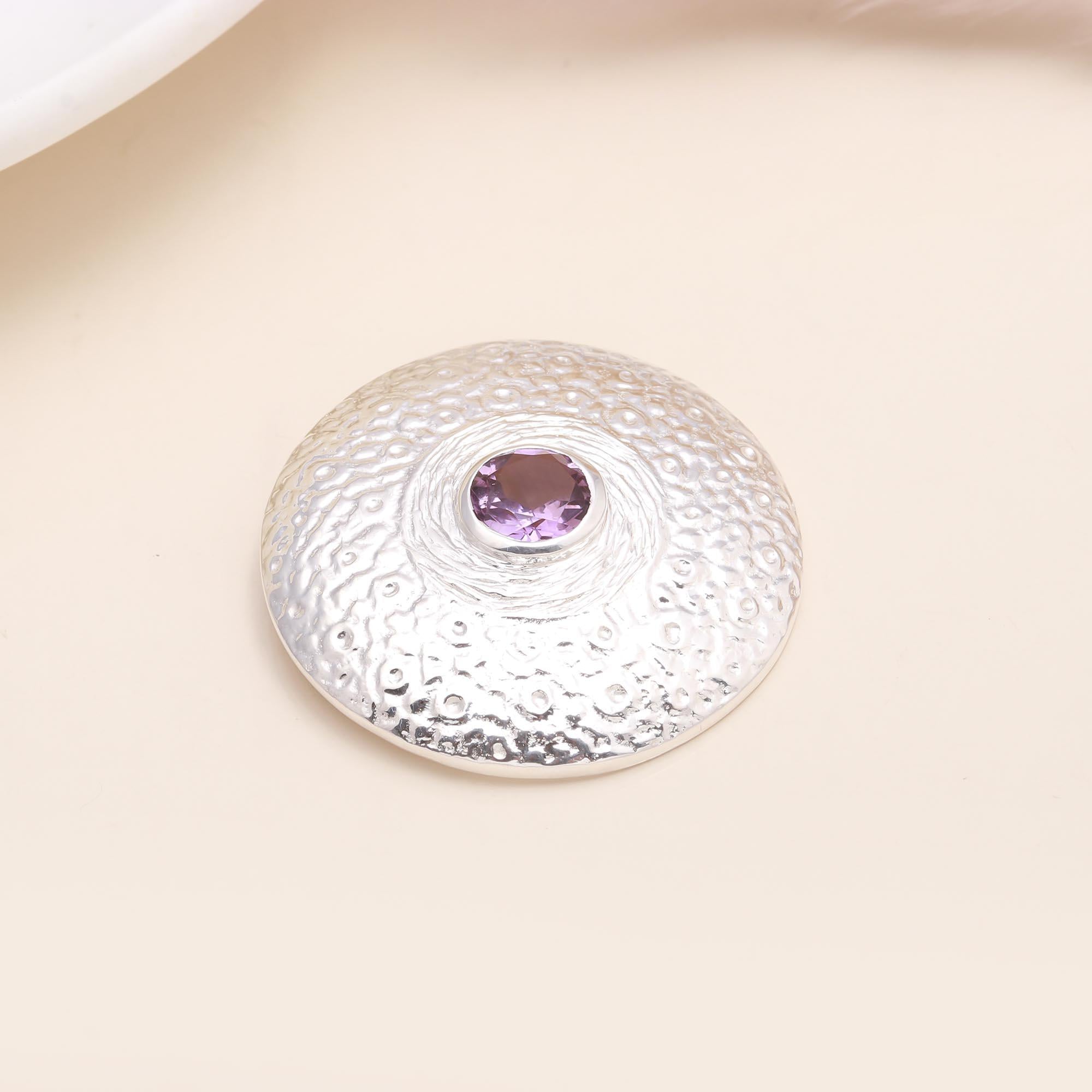 925 Sterling Silver Amethyst Textured Disc Pendant
