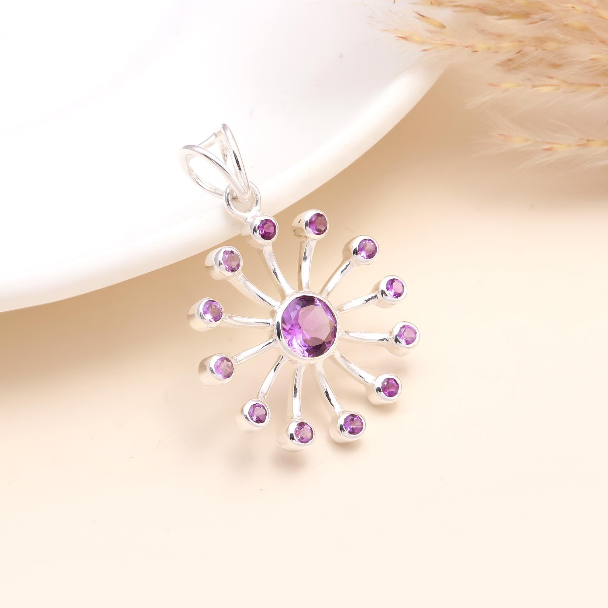 925 Sterling Silver Amethyst Starburst Pendant