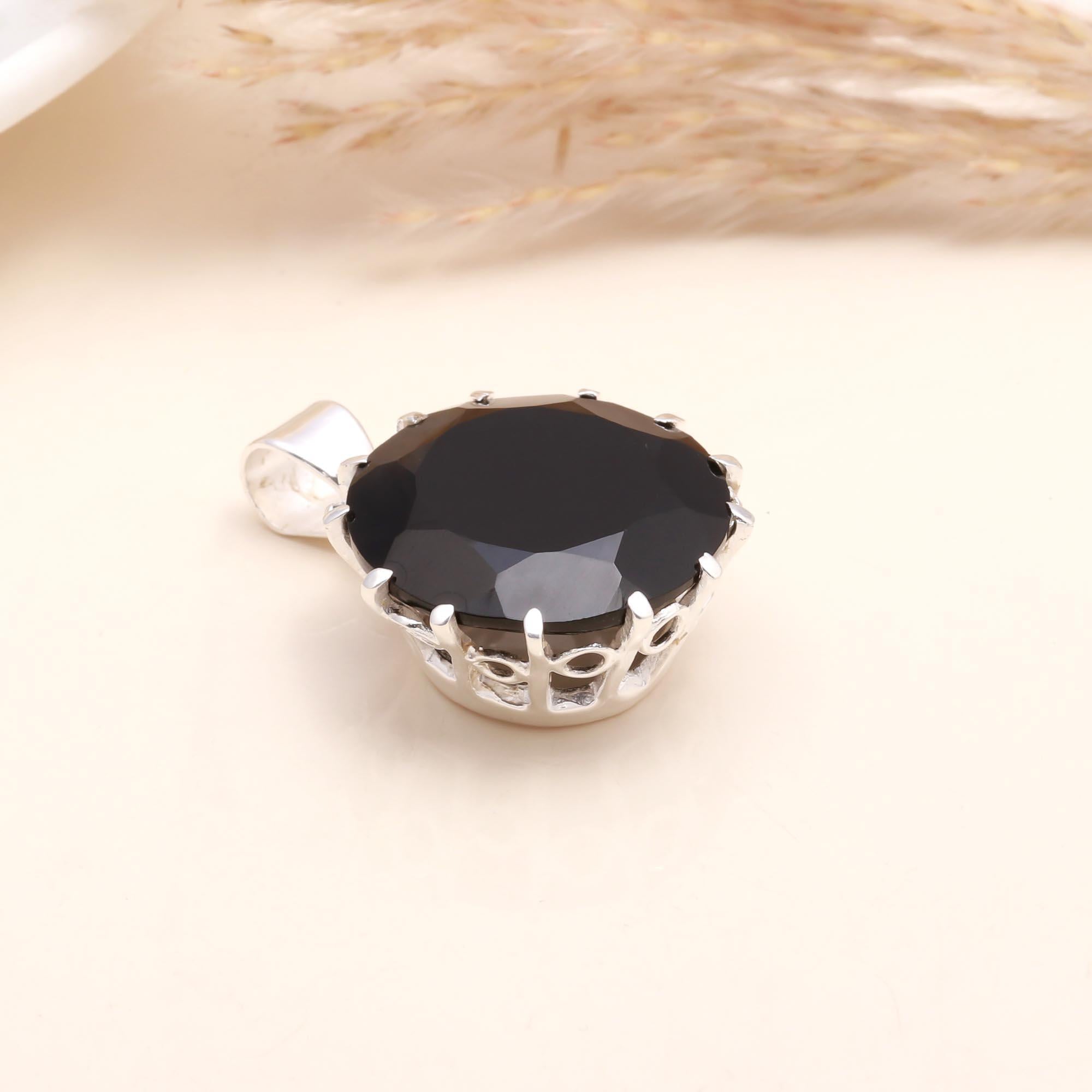 925 Sterling Silver Large Round Faceted Black Onyx Pendant