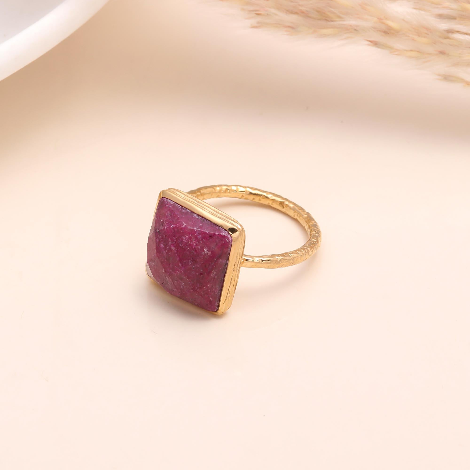 The Rustic Ruby Pyramid: Textured Gold Sugarloaf Ring