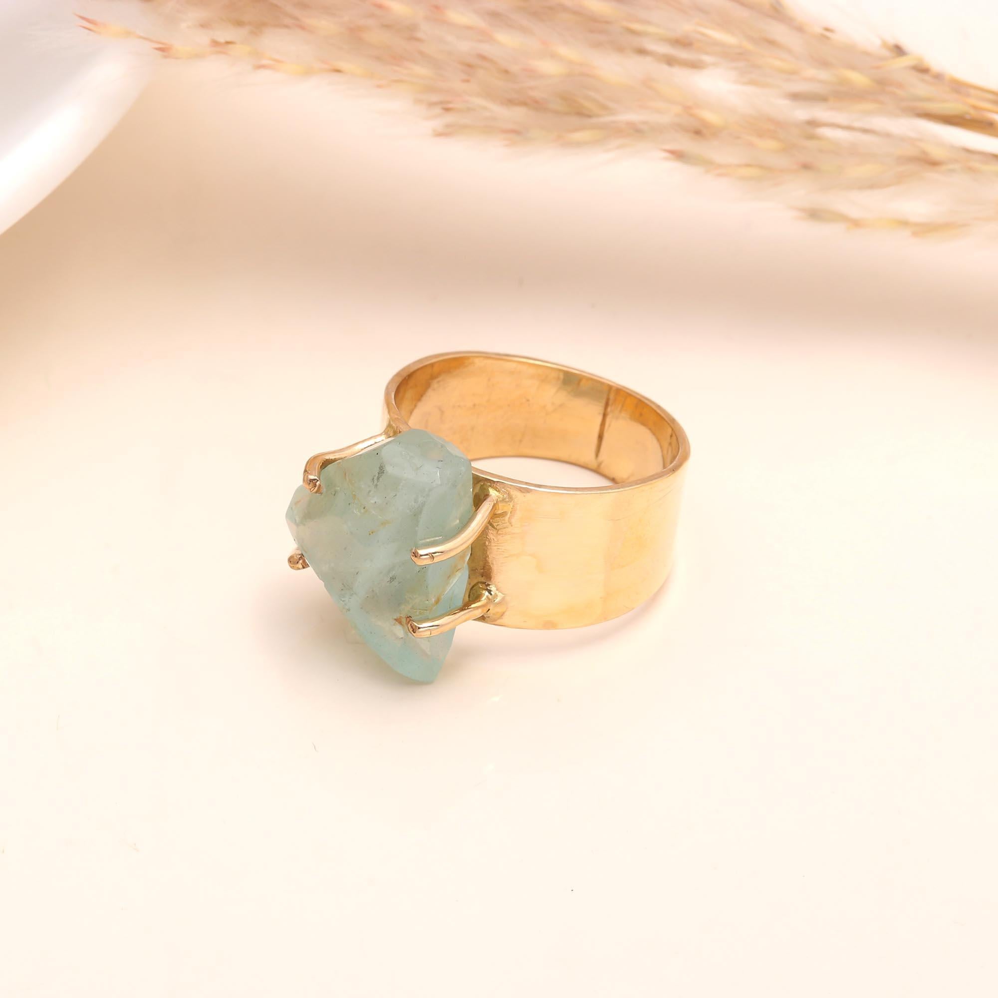 The Raw Aqua: Wide Gold Band with Rough Stone