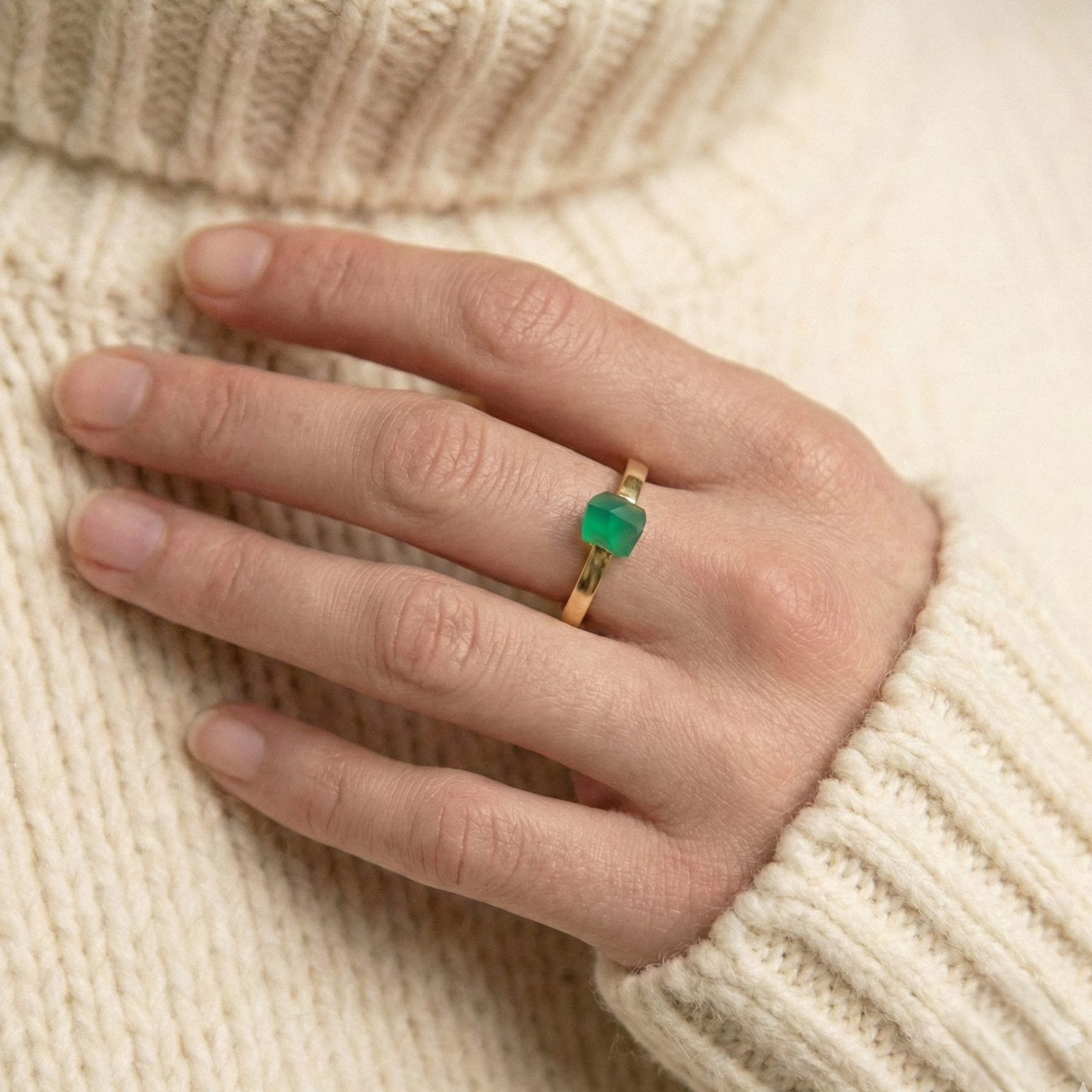 The Asymmetric Emerald: Gold Modern Minimalist Ring