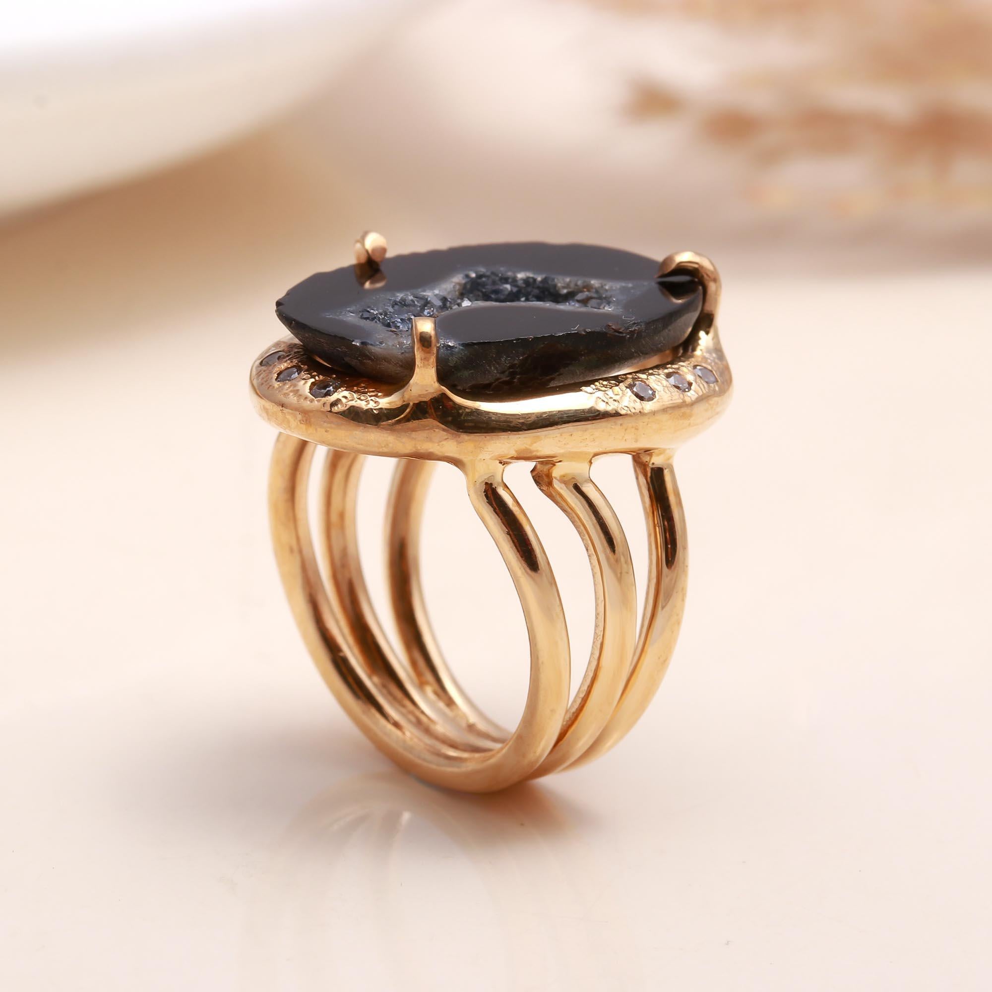 The Black Druzy Oval: Gold Edge Geode Ring