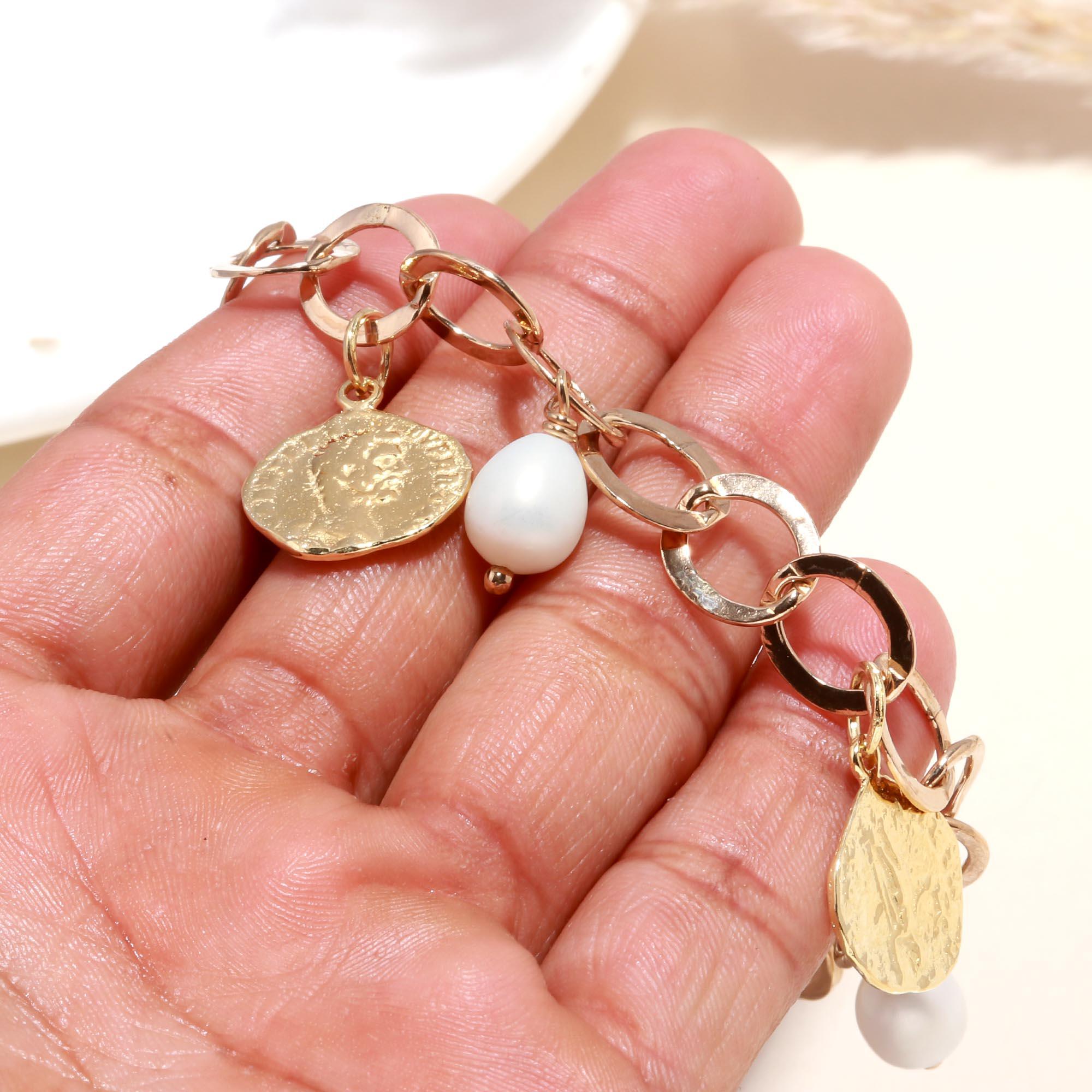 The Odyssey Charm: Gold Coin & Pearl Link Bracelet