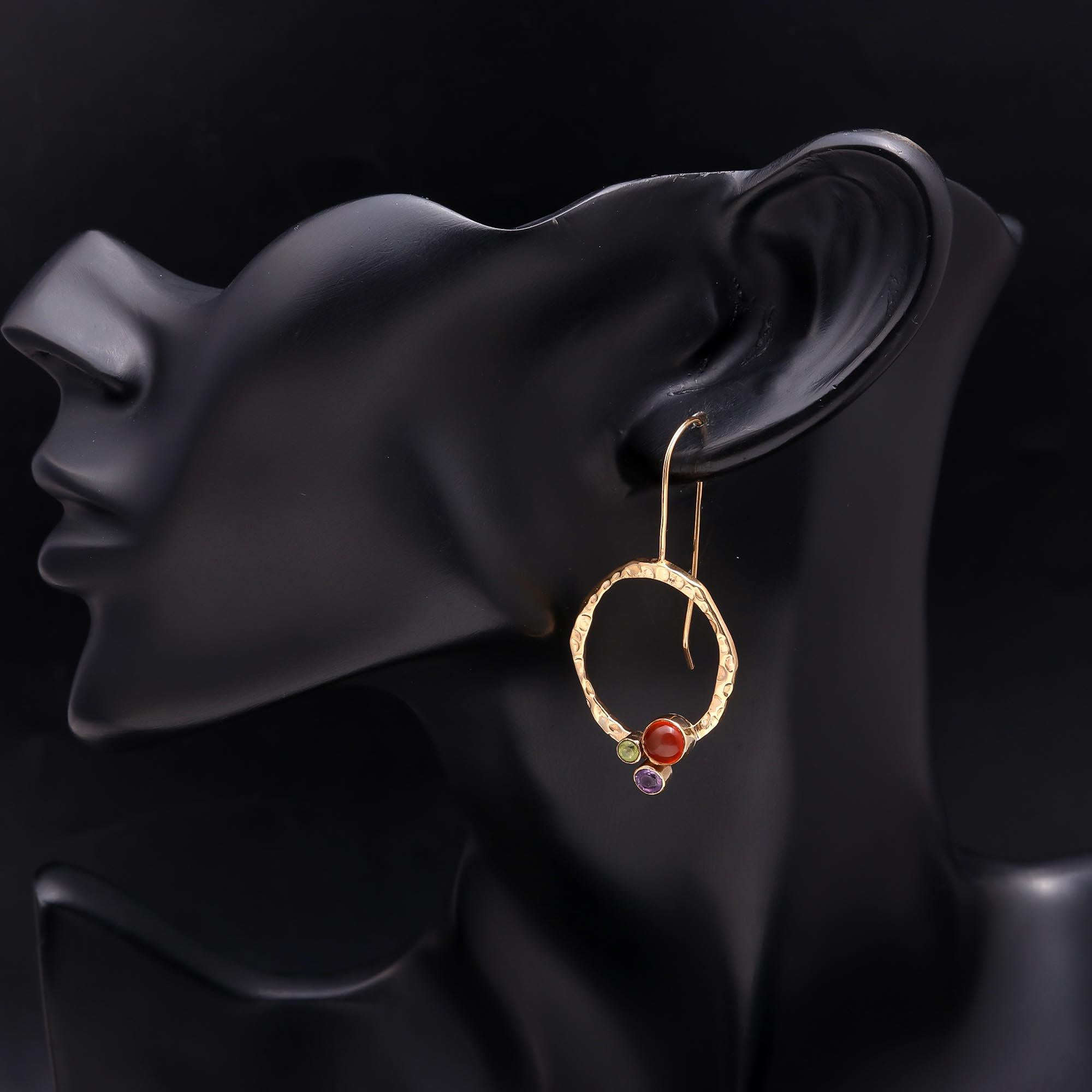 The Multi-Gem Orbit: Hammered Open Oval Earrings