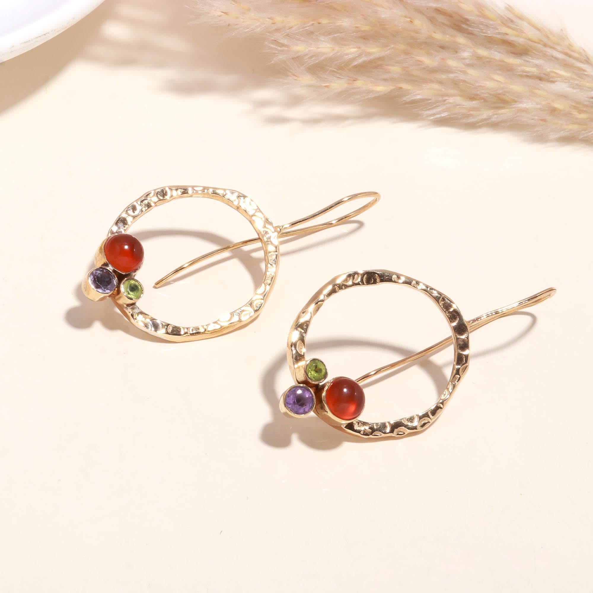 The Multi-Gem Orbit: Hammered Open Oval Earrings