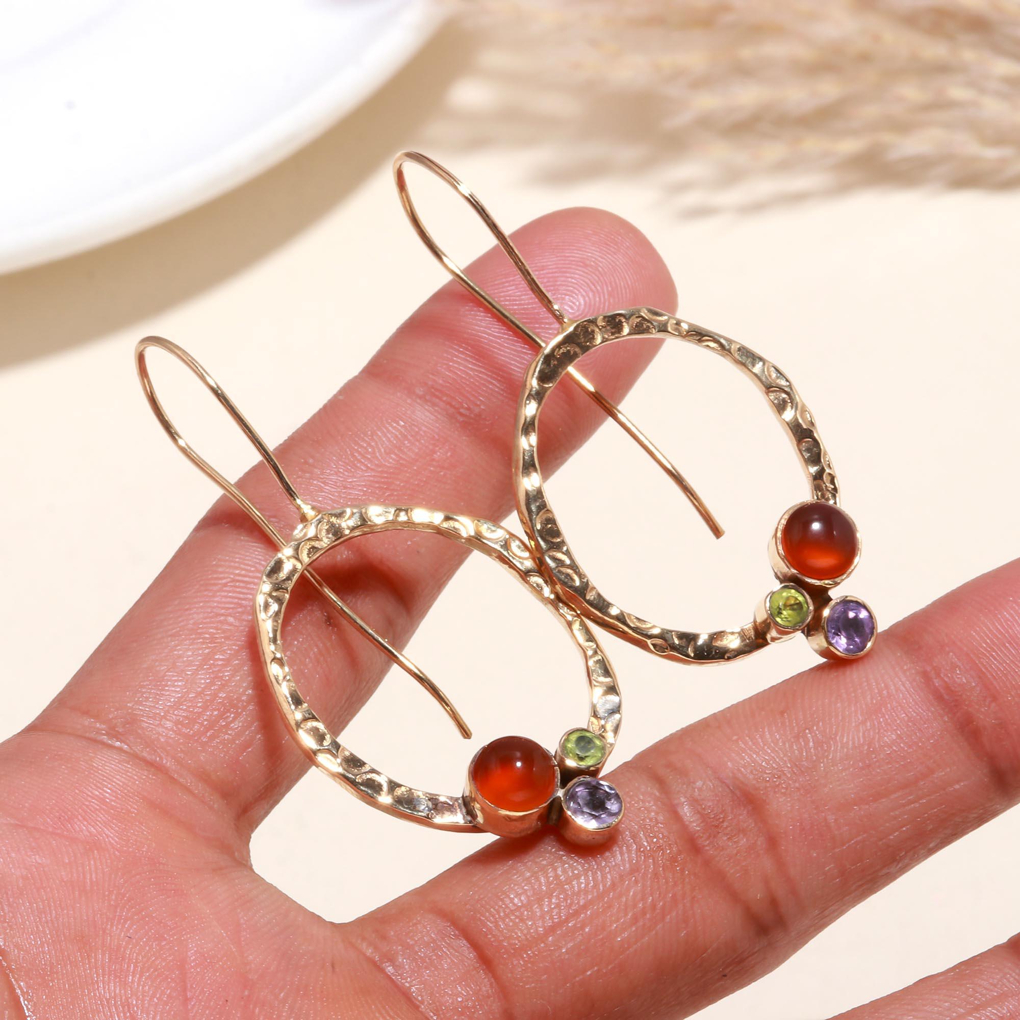The Multi-Gem Orbit: Hammered Open Oval Earrings