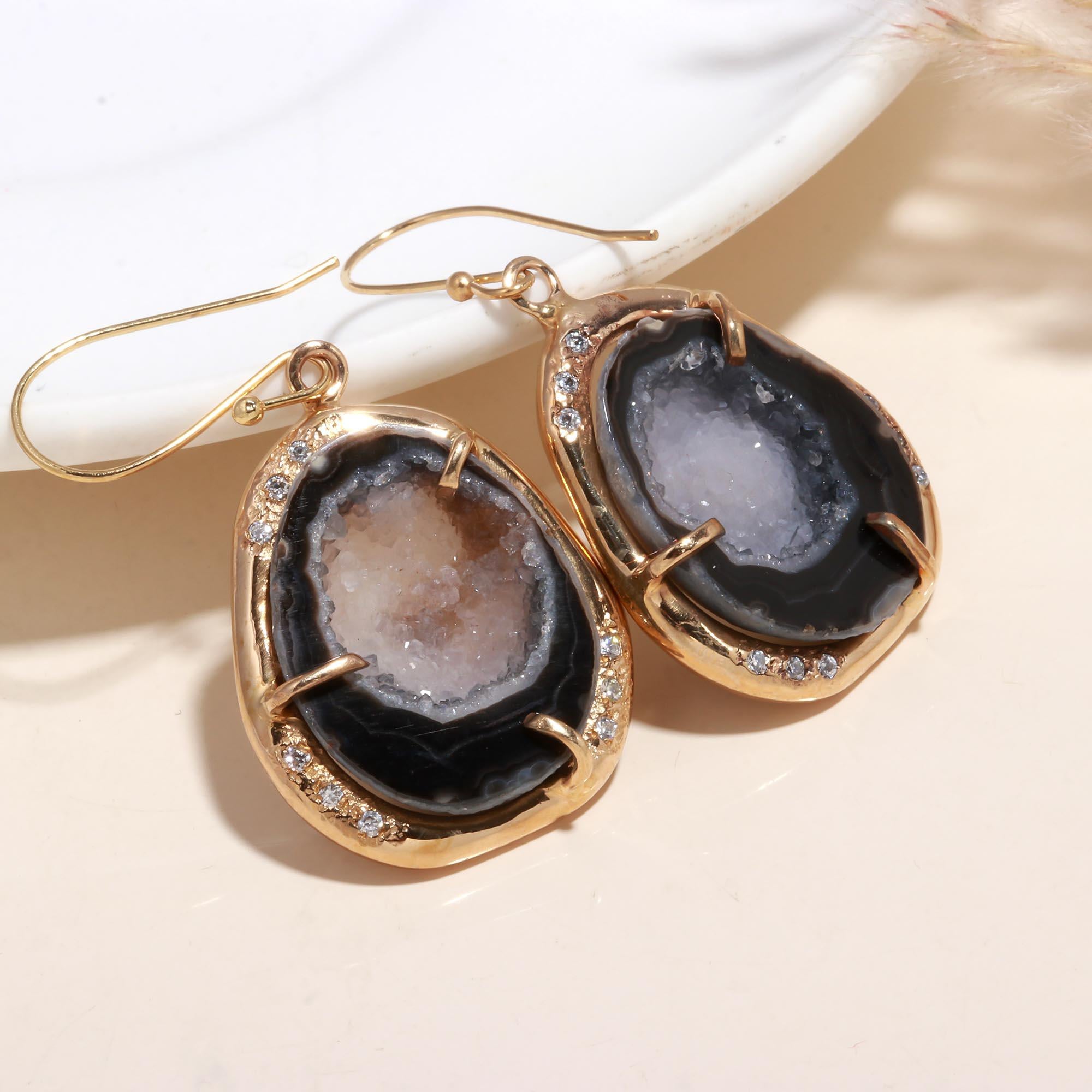 The Midnight Geode: Pave & Agate Slice Earrings