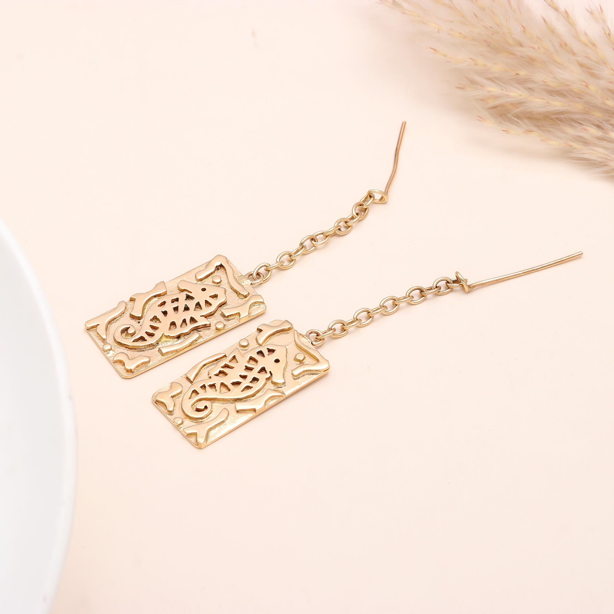 The Golden Seahorse: Intricate Cutout Drop Earrings