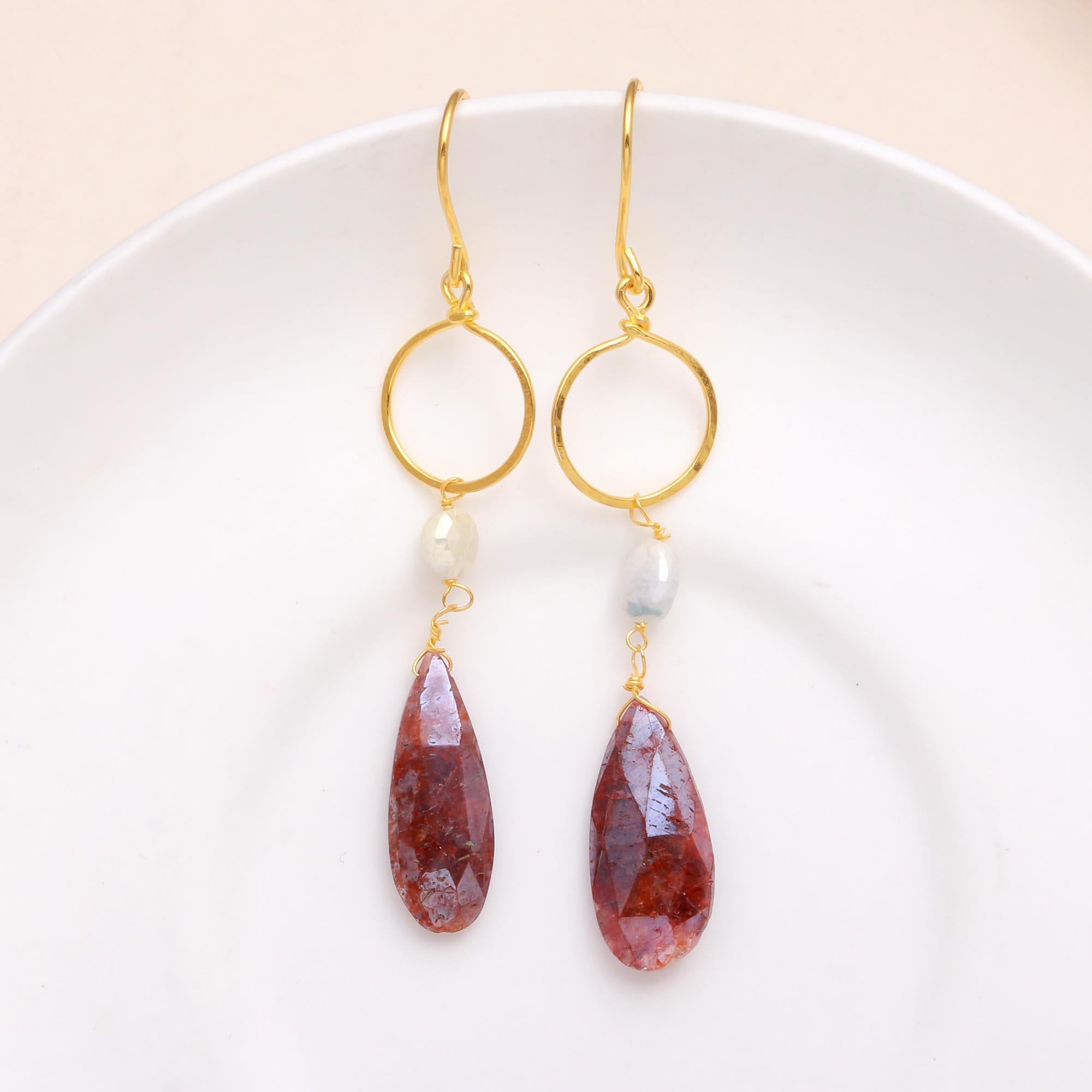 The Earthy Halo Drops Title: The Earthy Halo: Strawberry Quartz & Hoop Earrings