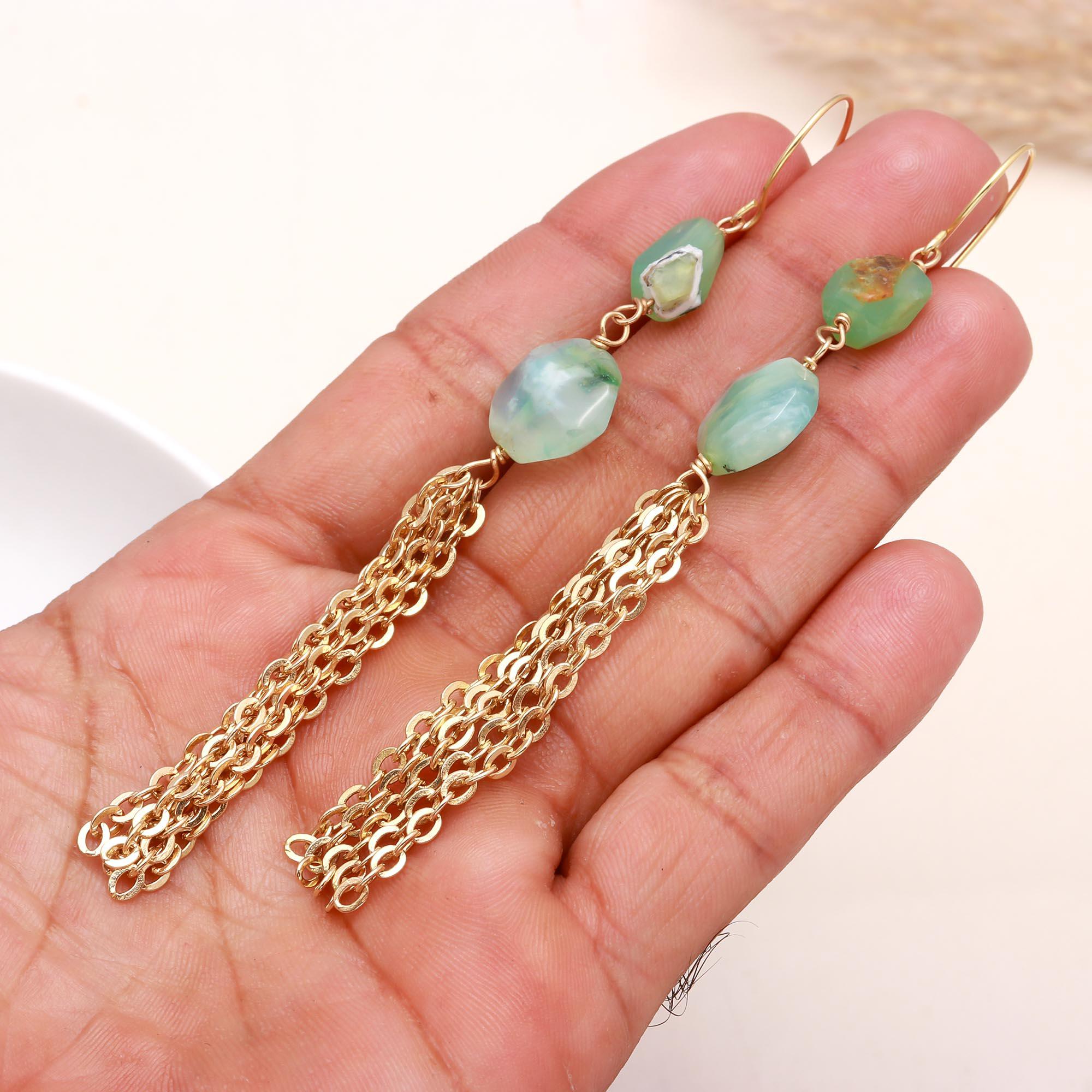The Green Opal: Chain Tassel Drop Earrings