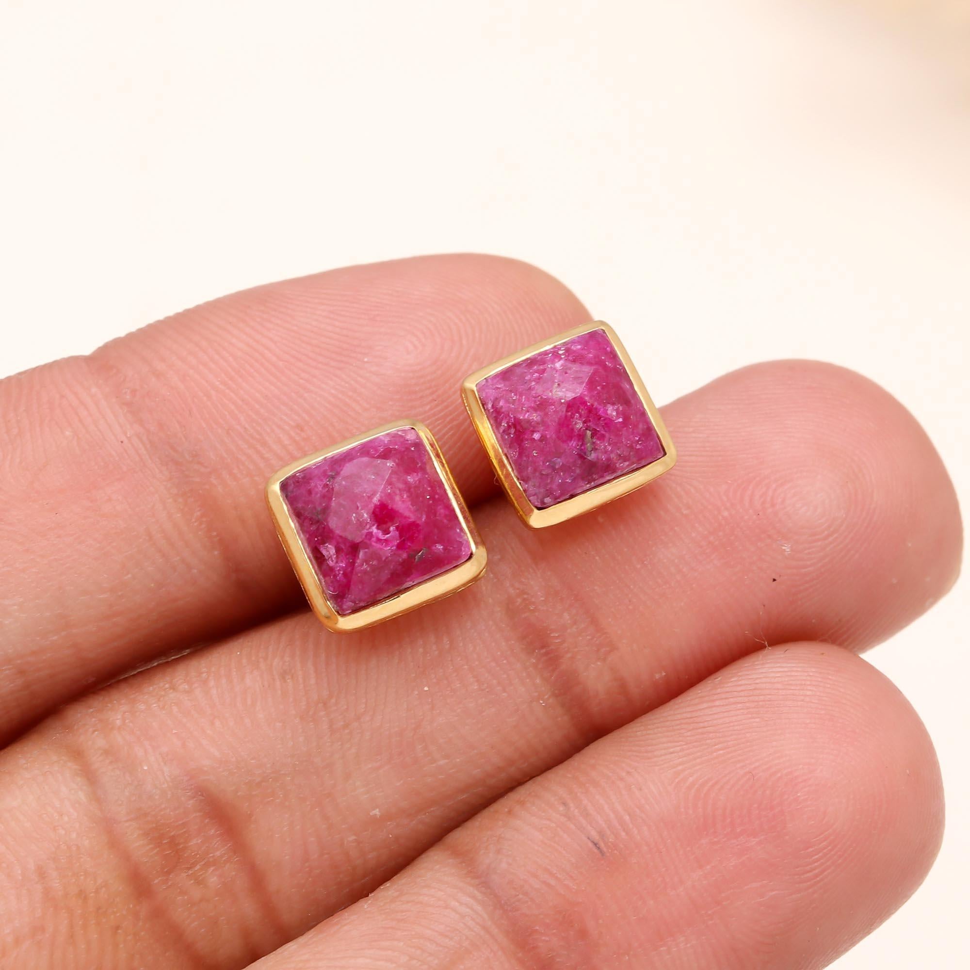 The Raw Ruby: Geometric Square Stud Earrings