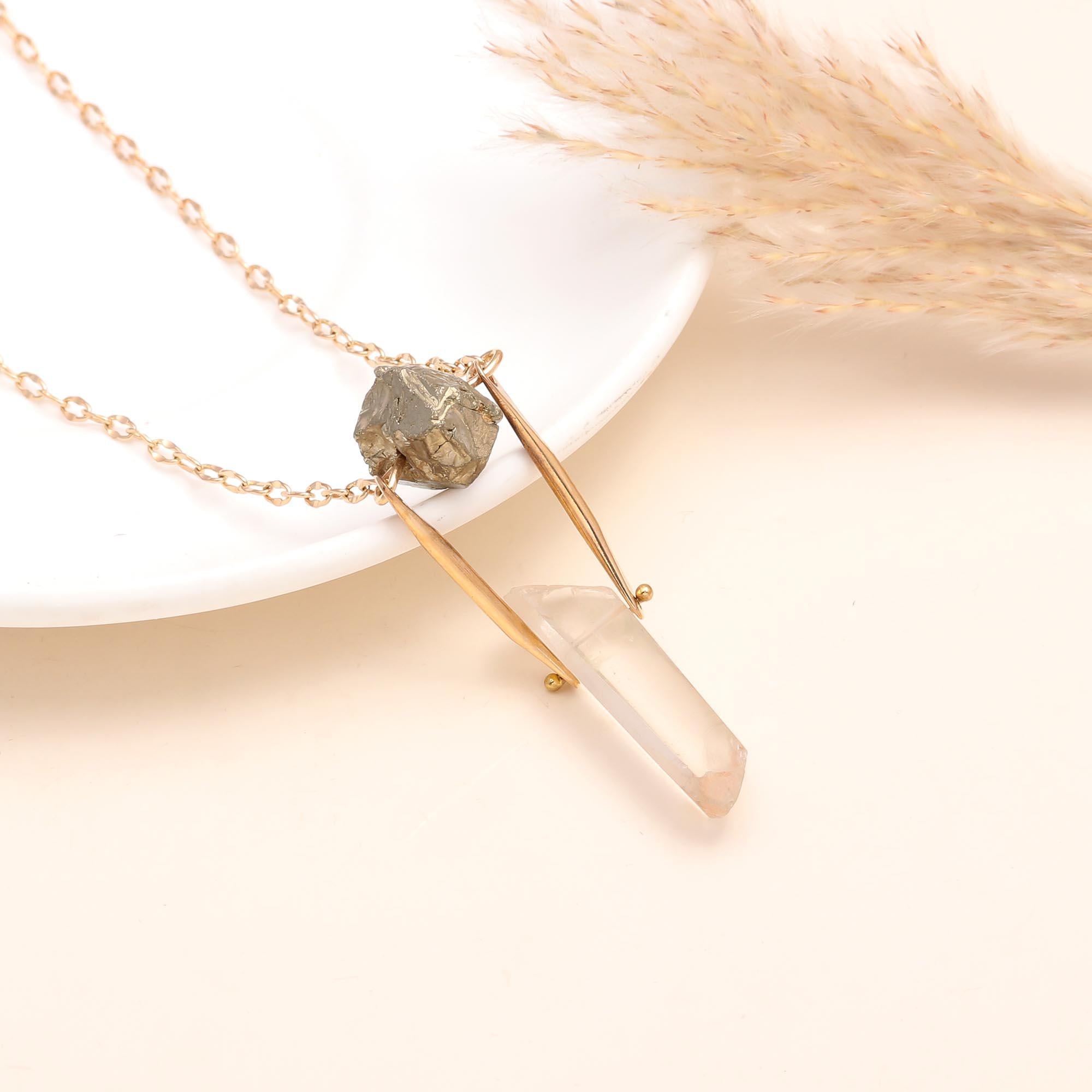 The Raw Balance: Pyrite & Quartz Geometric Pendant