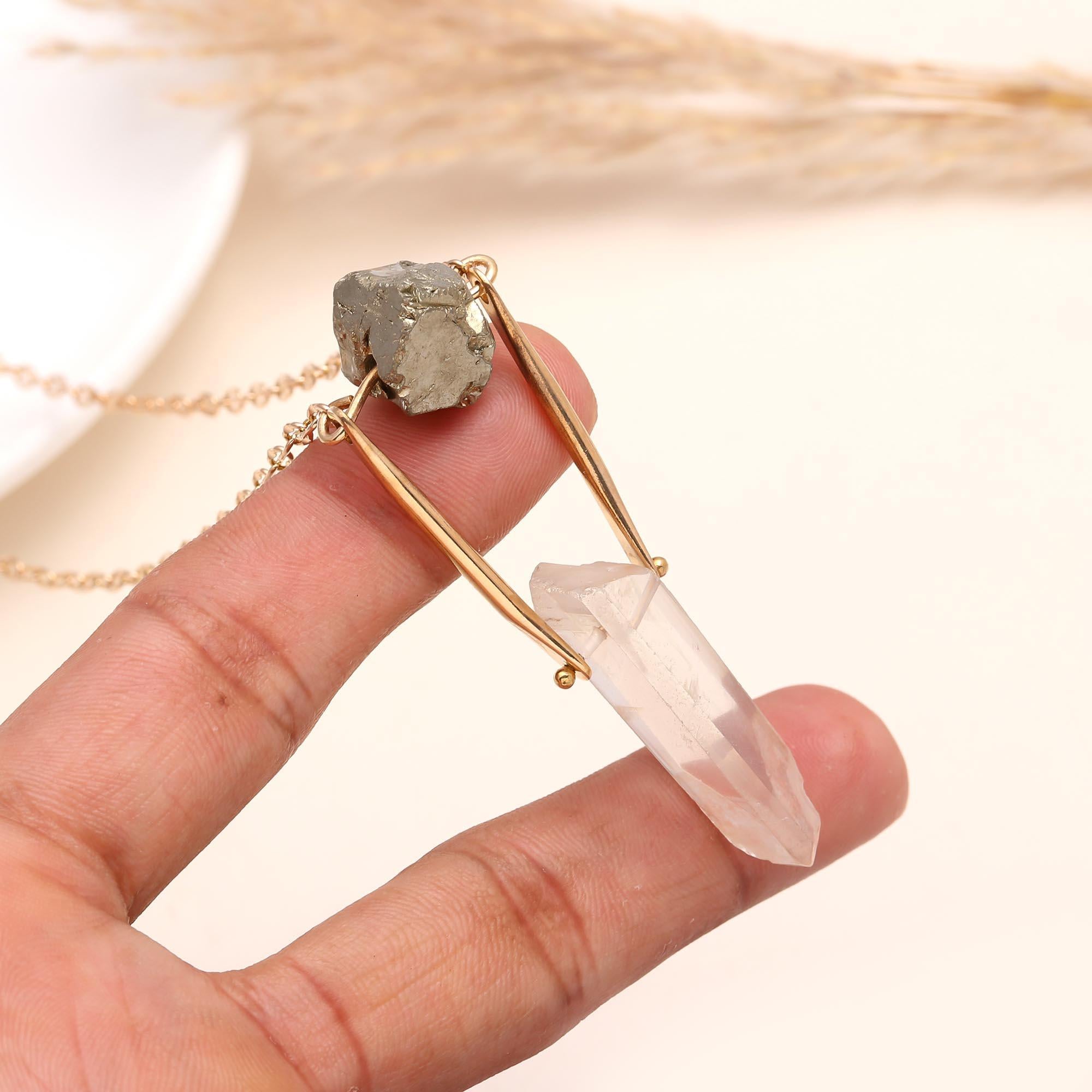 The Raw Balance: Pyrite & Quartz Geometric Pendant