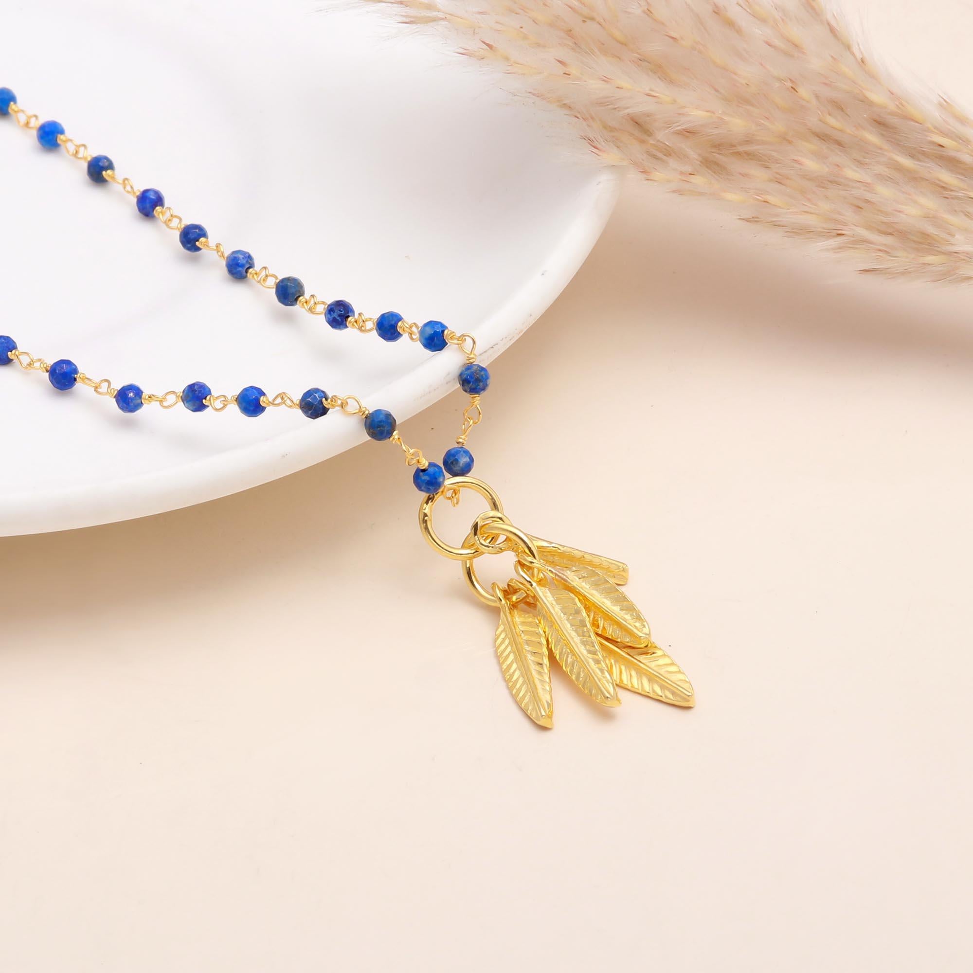 Lapis Lazuli Beaded Necklace with Leaf Charms