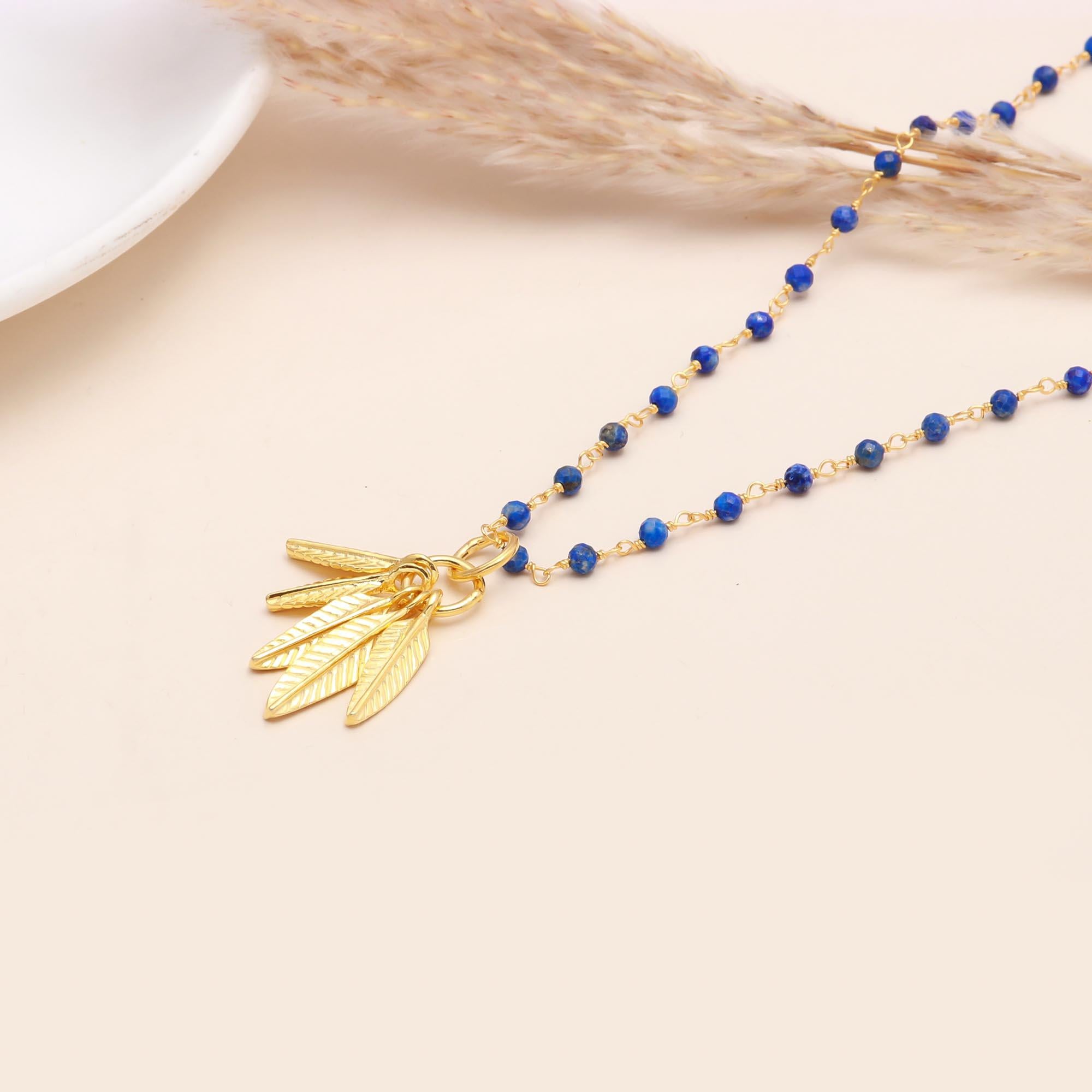 Lapis Lazuli Beaded Necklace with Leaf Charms