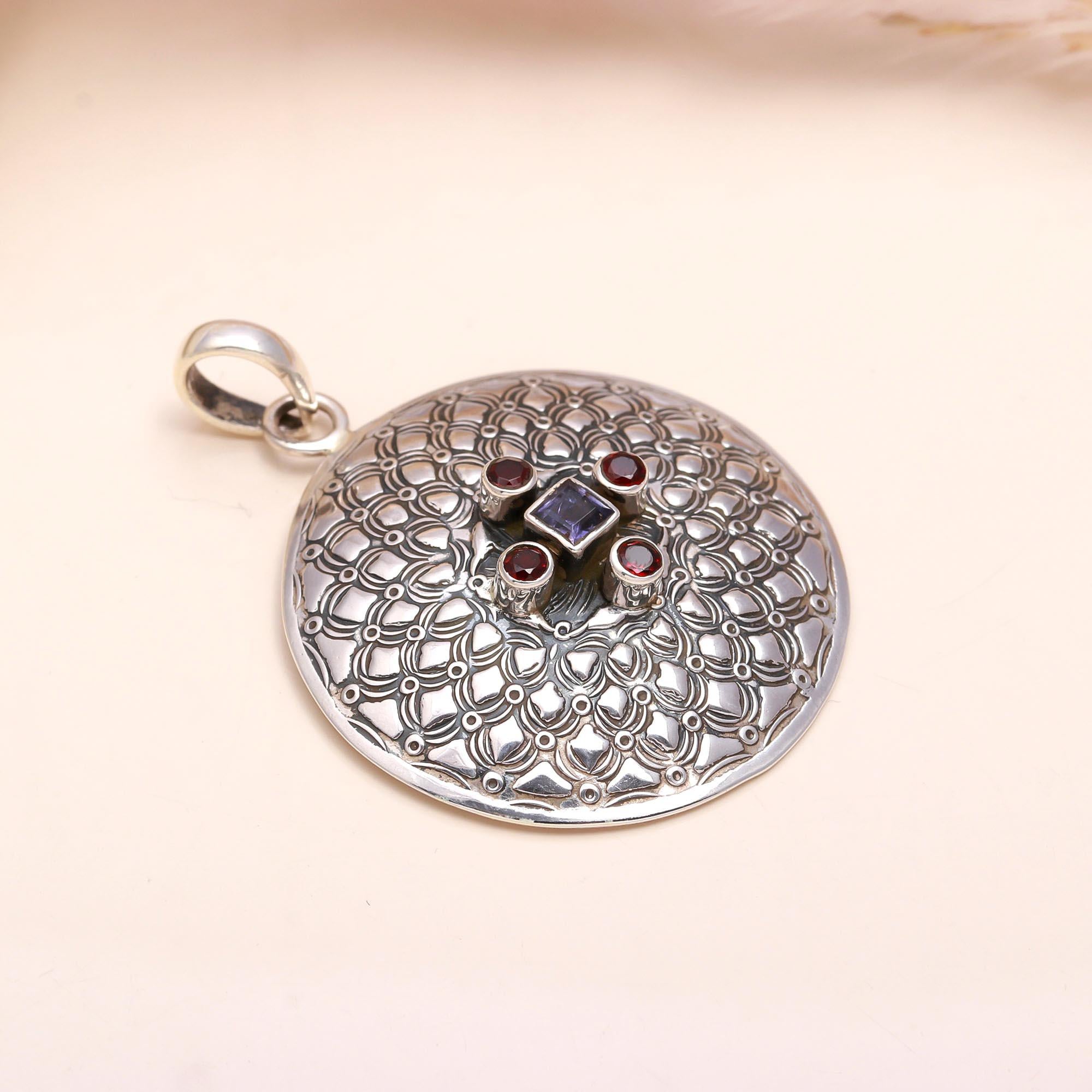 925 Sterling Silver Garnet & Iolite Filigree Pendant