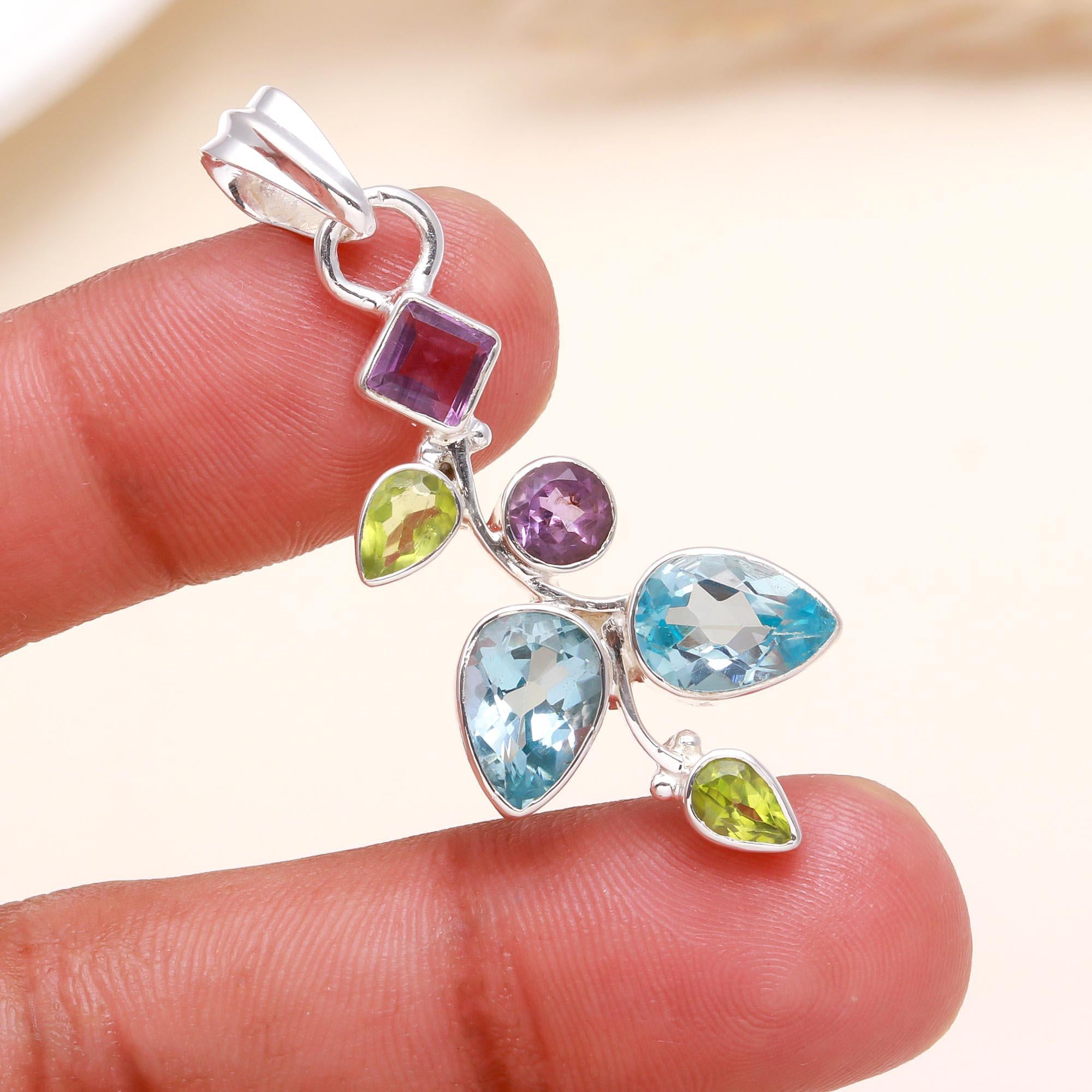 925 Sterling Silver Blue Topaz, Amethyst & Peridot Pendant
