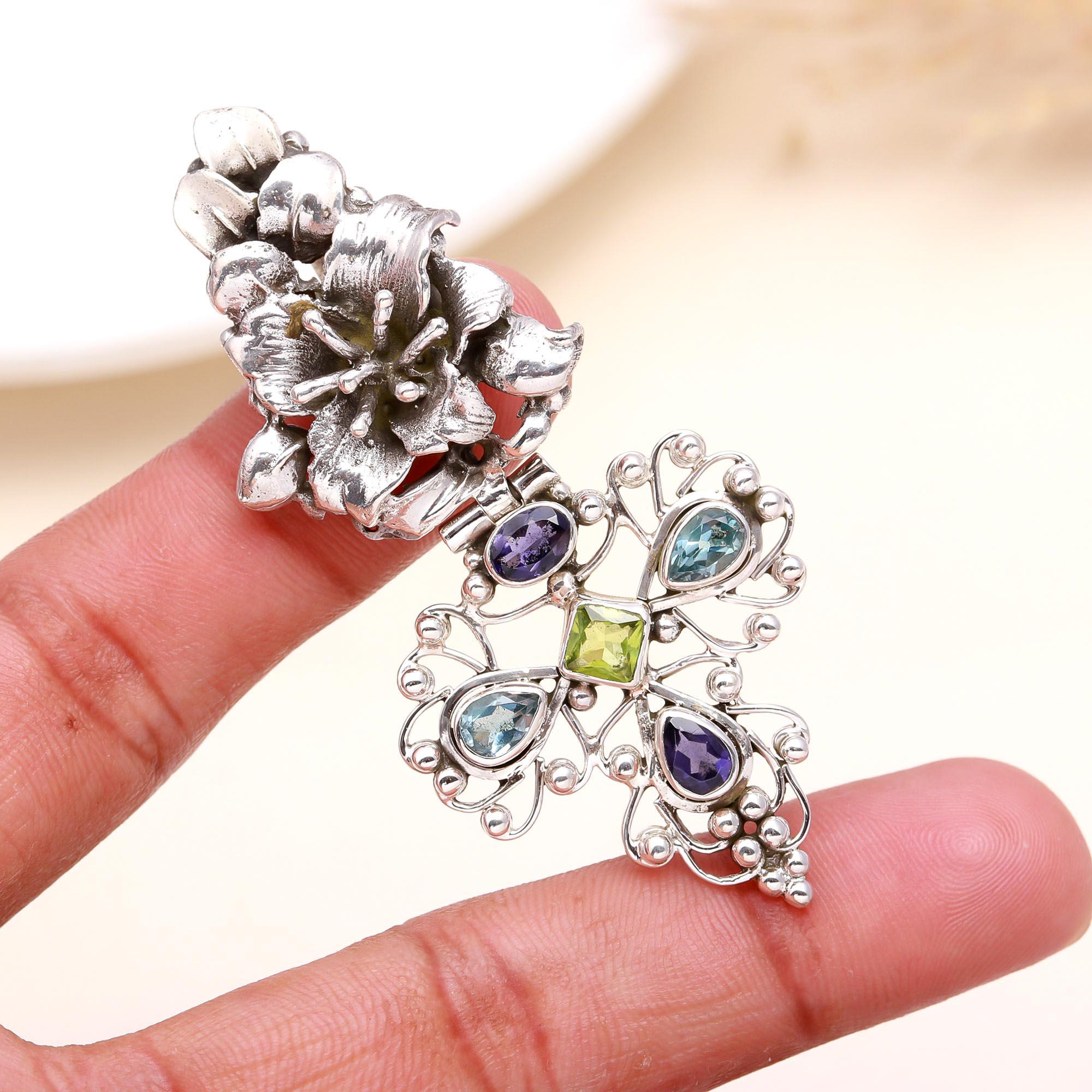 925 Sterling Silver Multicolor Gemstone Vintage Filigree Cross Pendant