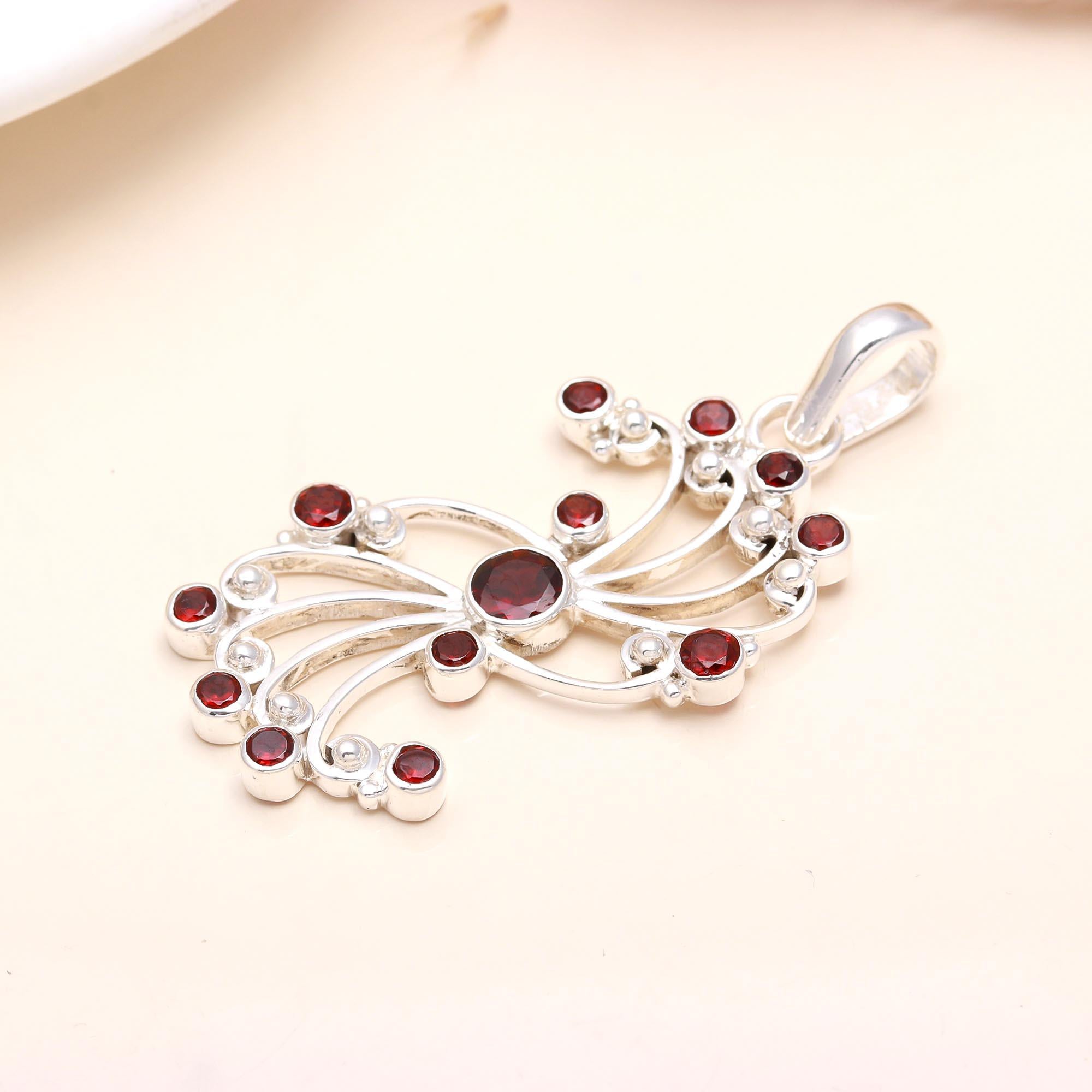 925 Sterling Silver Round Garnet Filigree Statement Pendant