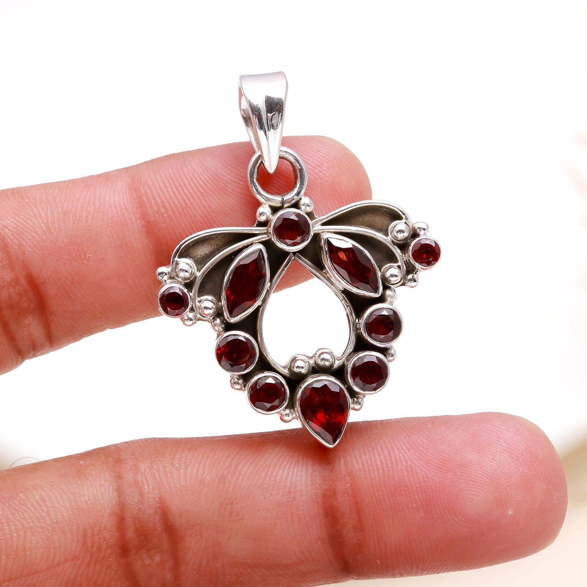 Handmade Solid 925 Sterling Silver Garnet Pendant