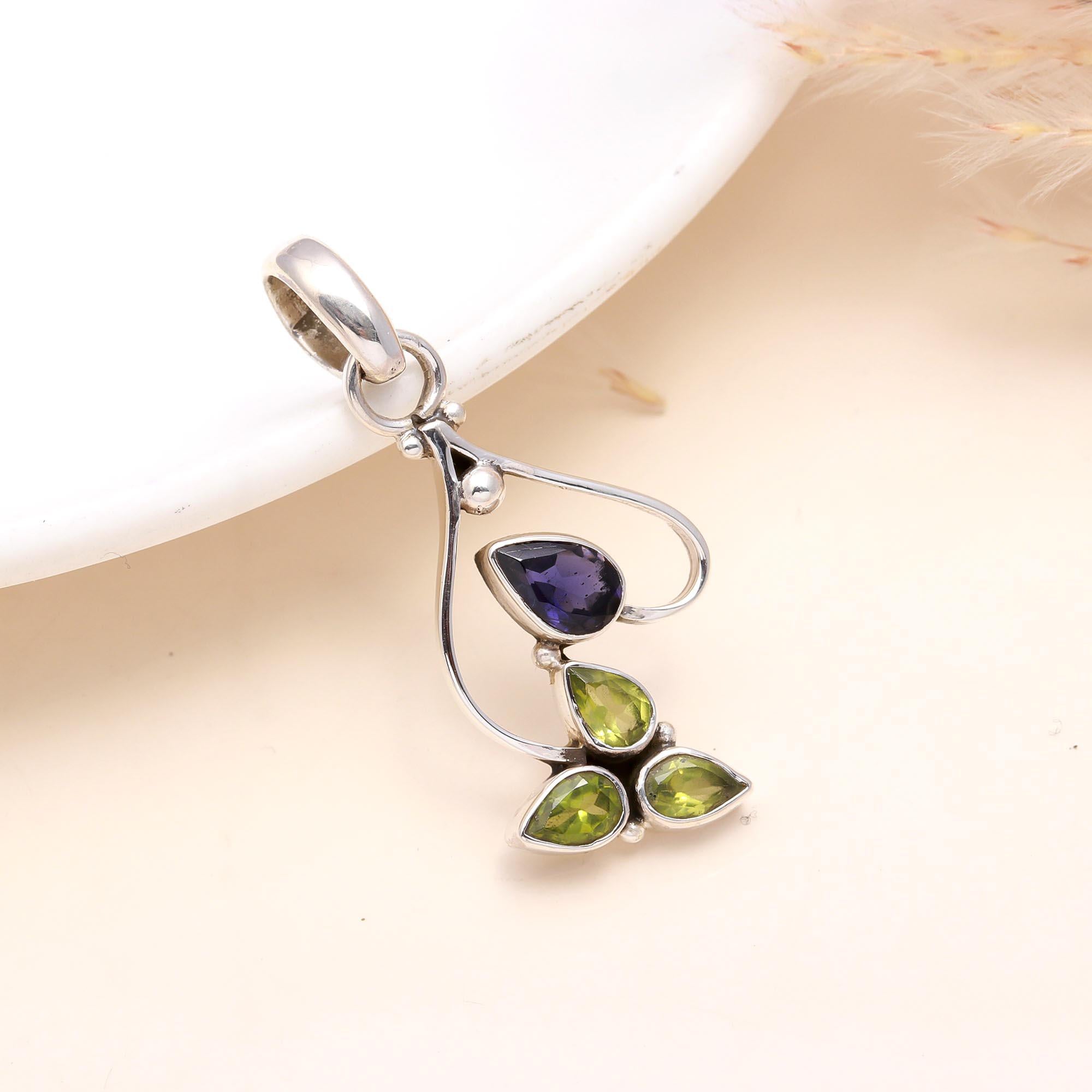 925 Sterling Silver Iolite & Peridot Pendant