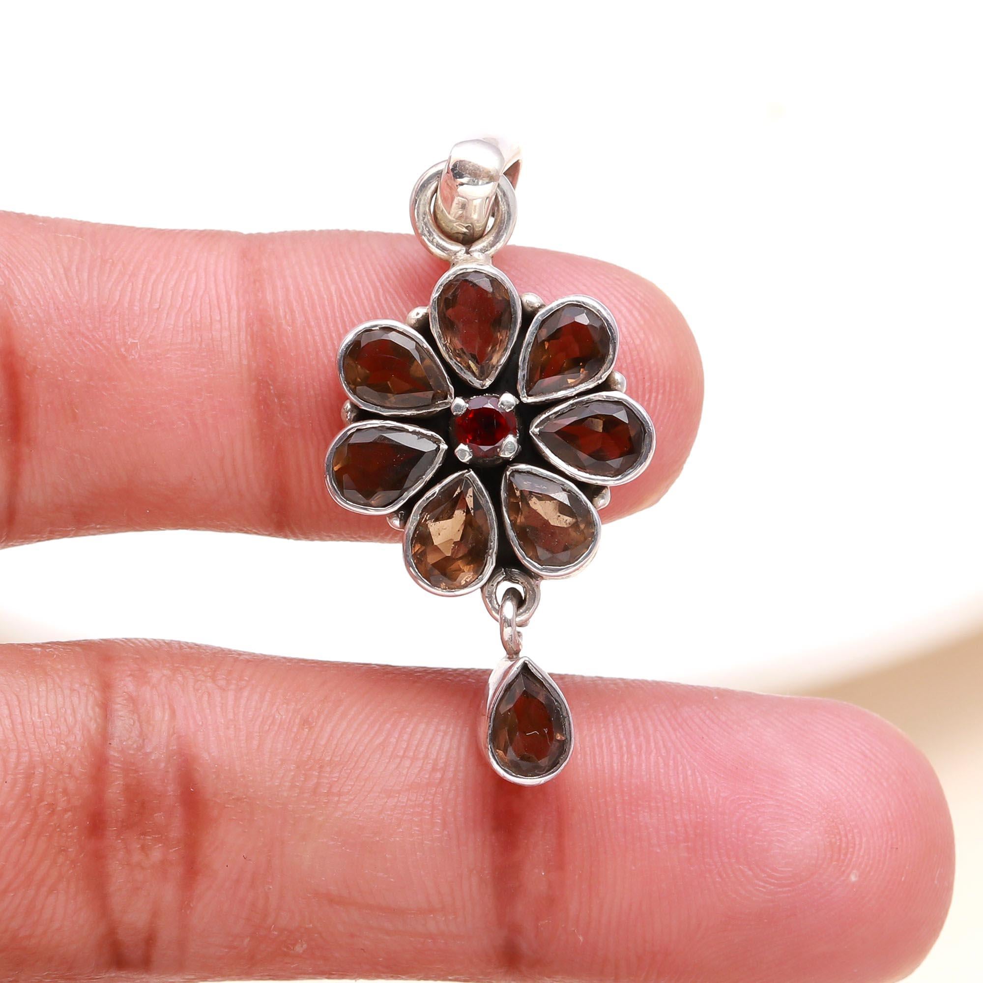 925 Sterling Silver Smoky Quartz & Garnet Flower Pendant