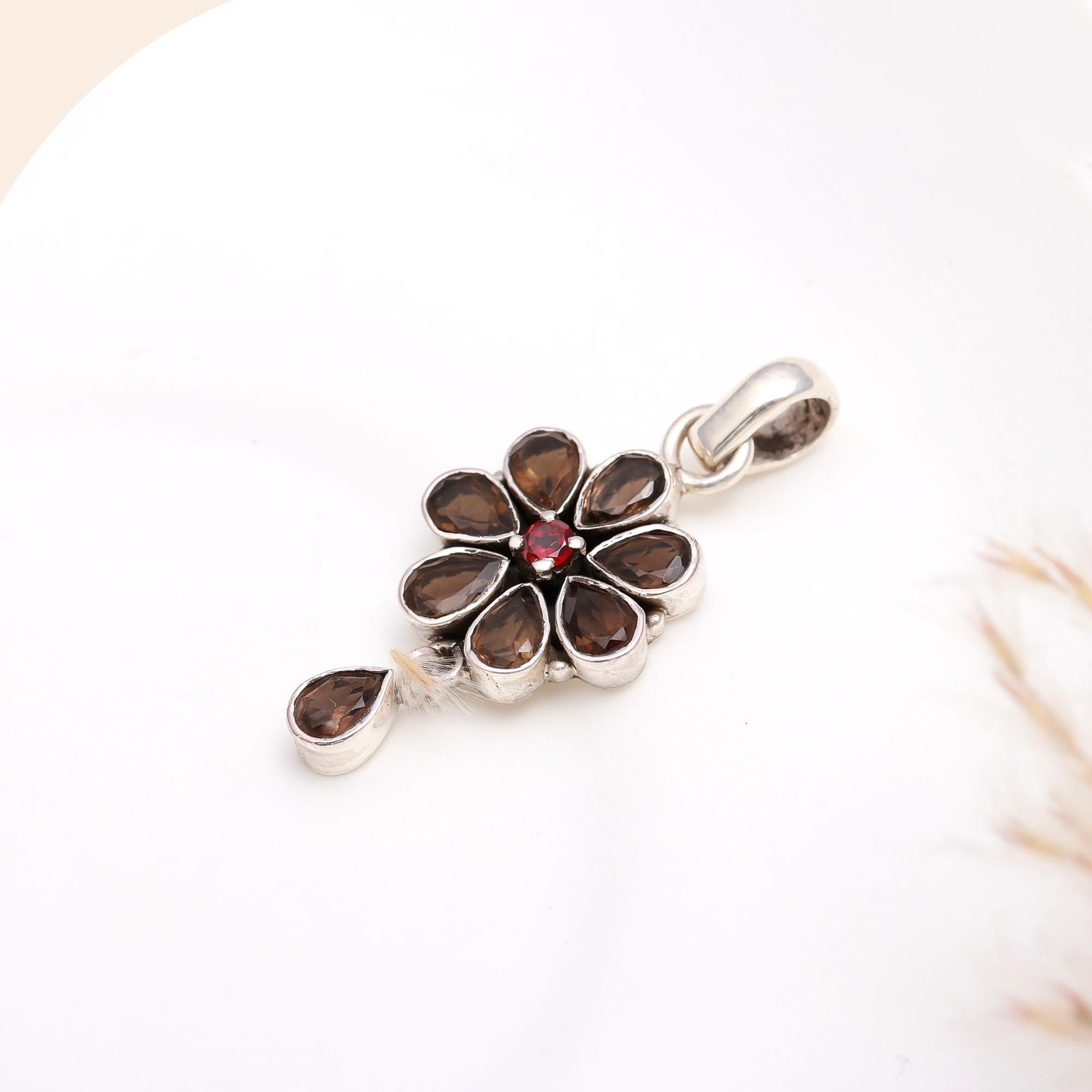 925 Sterling Silver Smoky Quartz & Garnet Flower Pendant