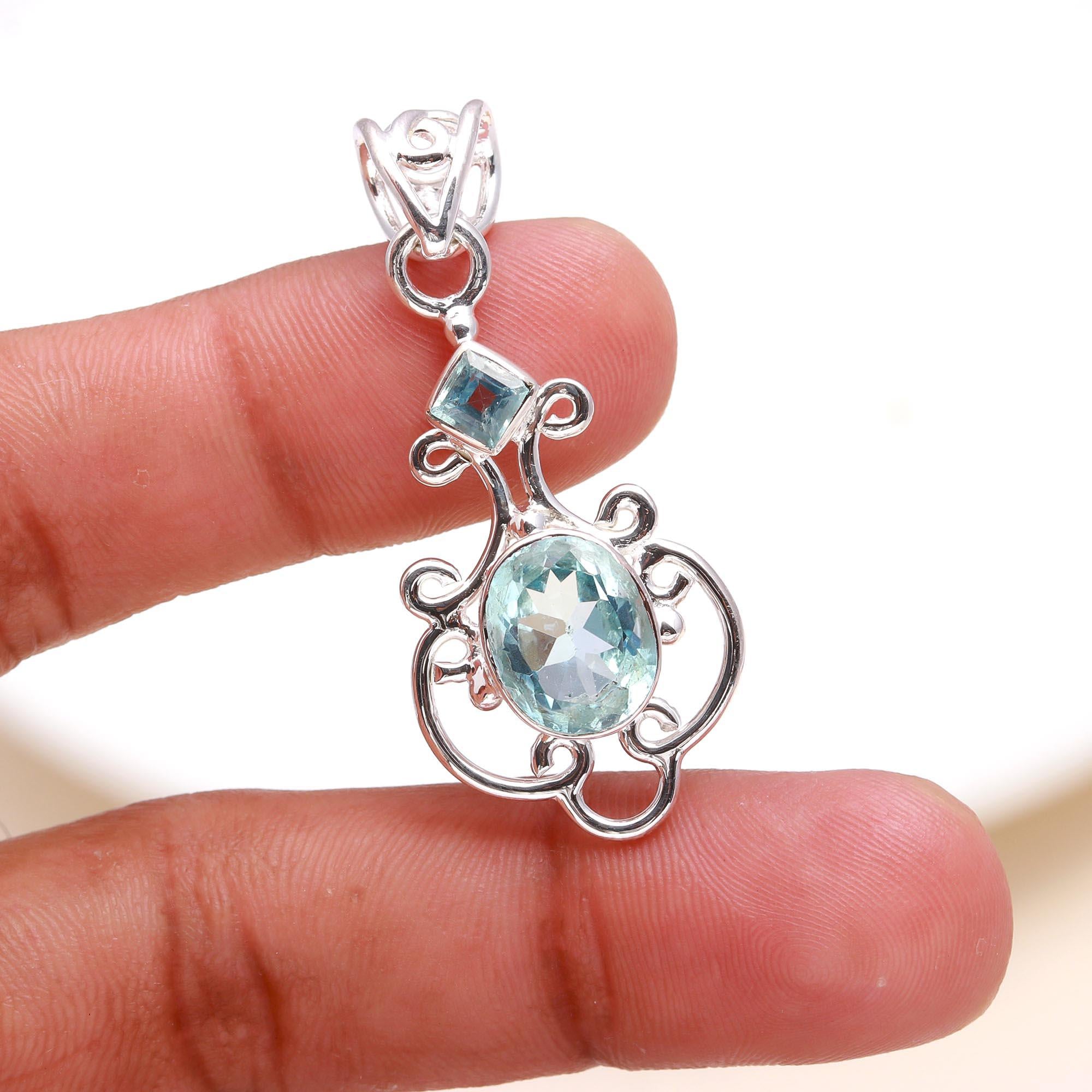 925 Silver Blue Topaz Filigree Pendant