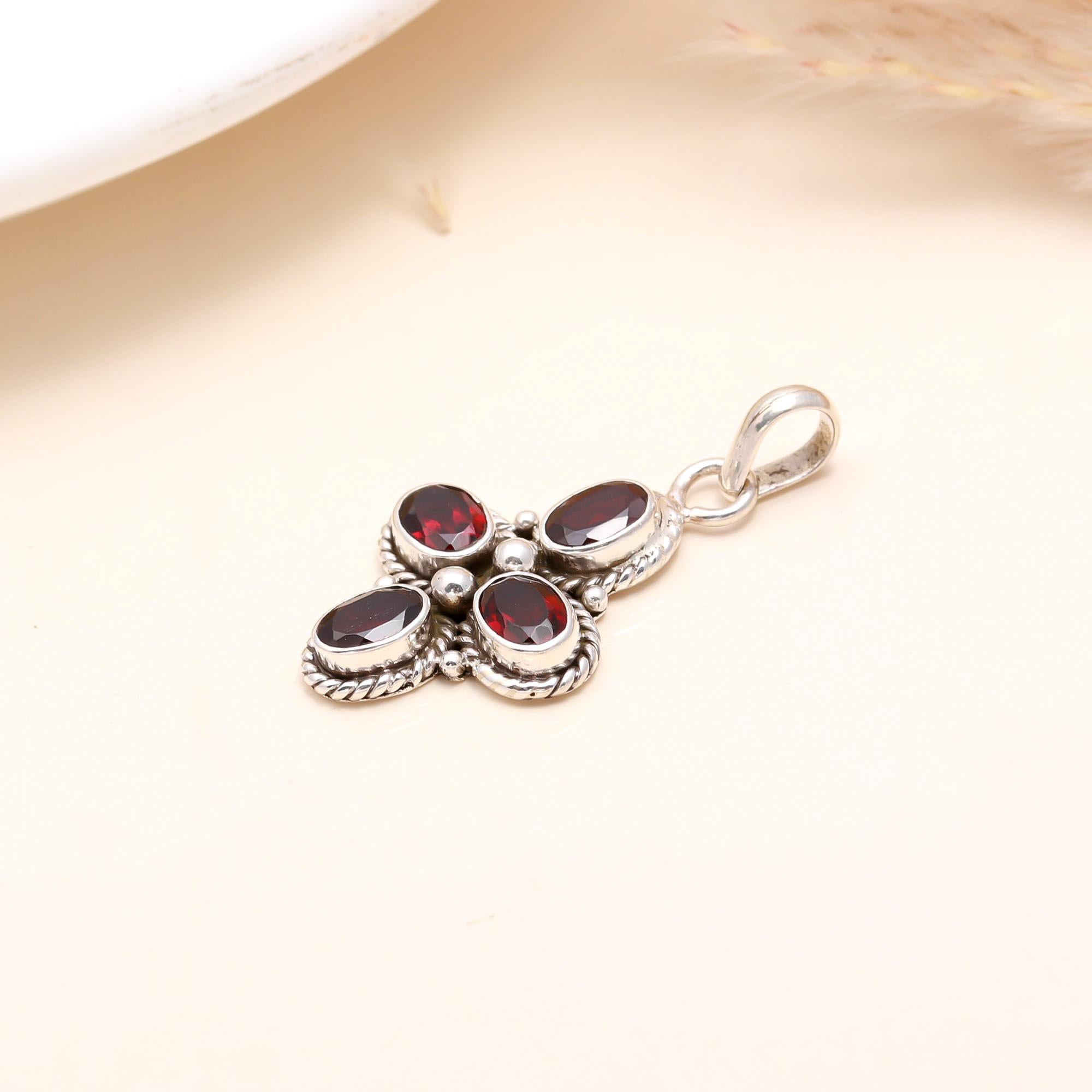 925 Sterling Silver Garnet Cross Pendant