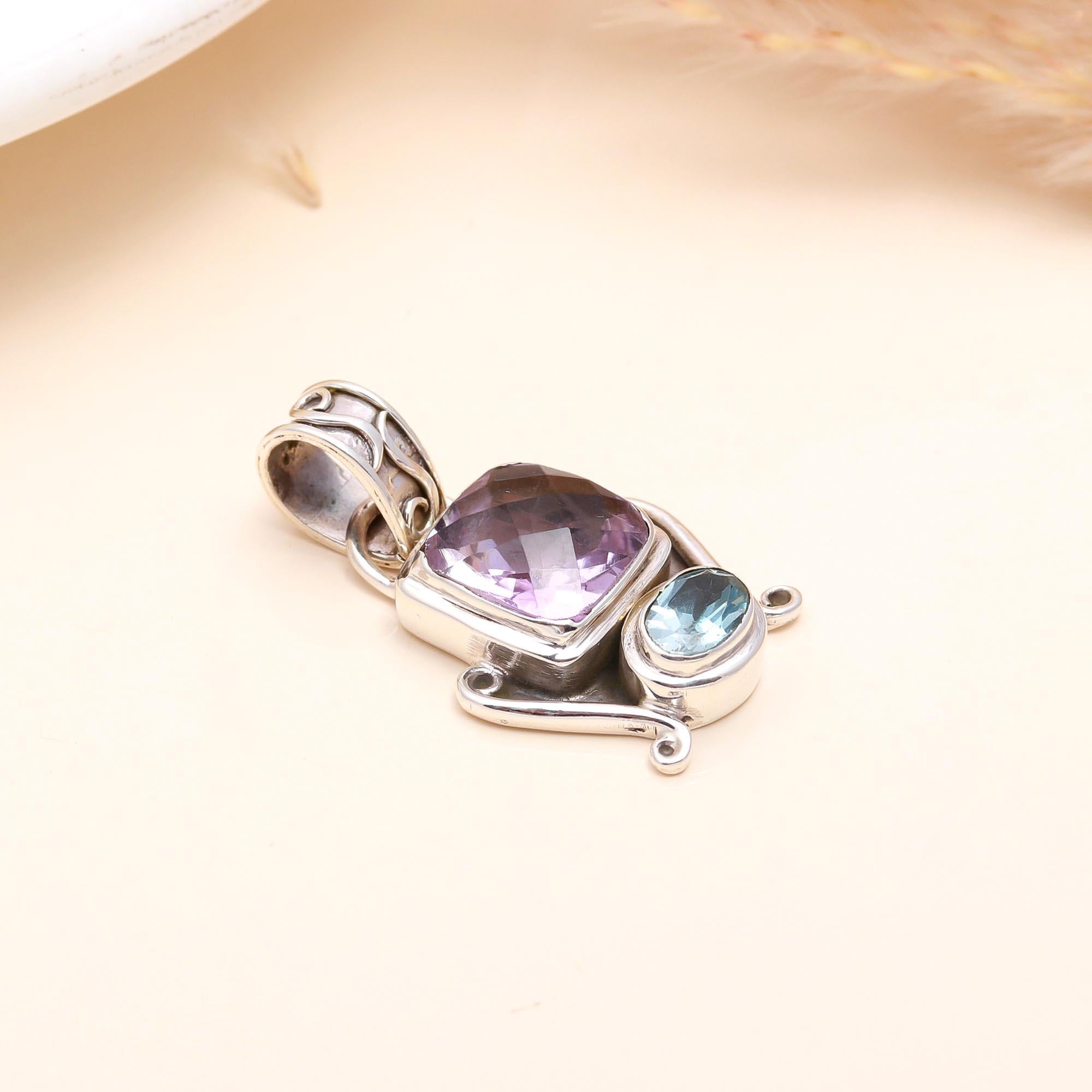 925 Sterling Silver Amethyst & Blue Topaz Pendant