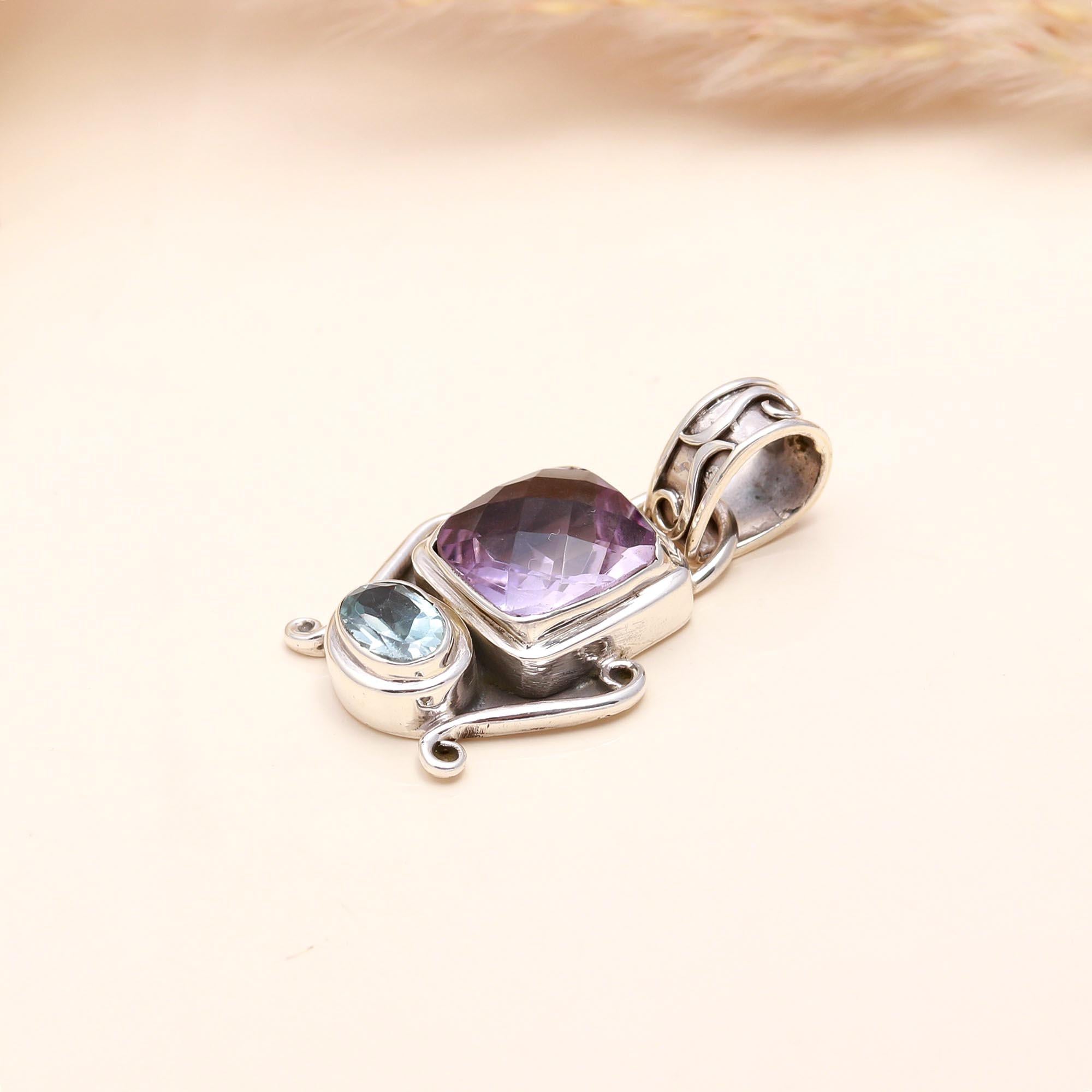 925 Sterling Silver Amethyst & Blue Topaz Pendant