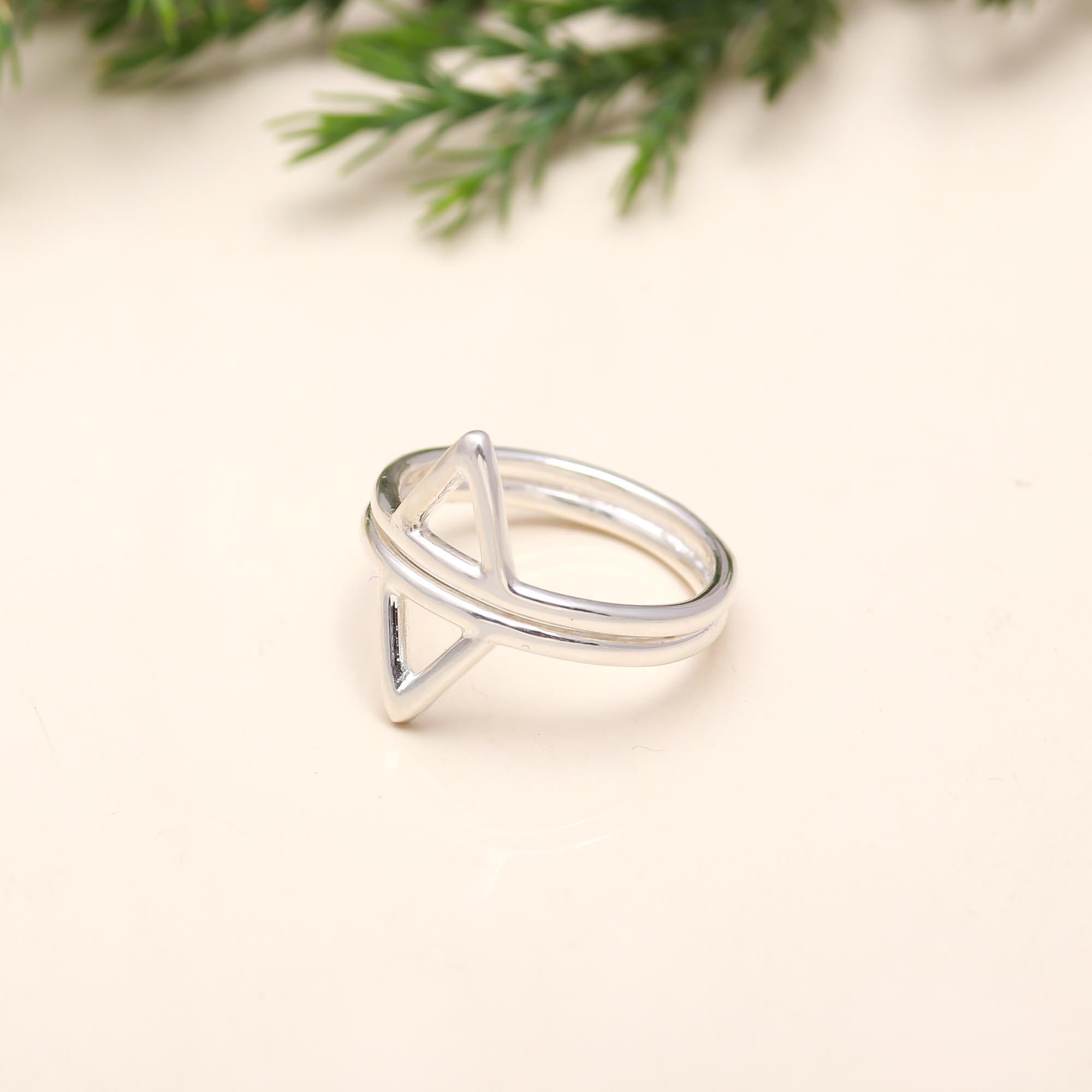 The Modern Apex: Silver Geometric Double Triangle Ring