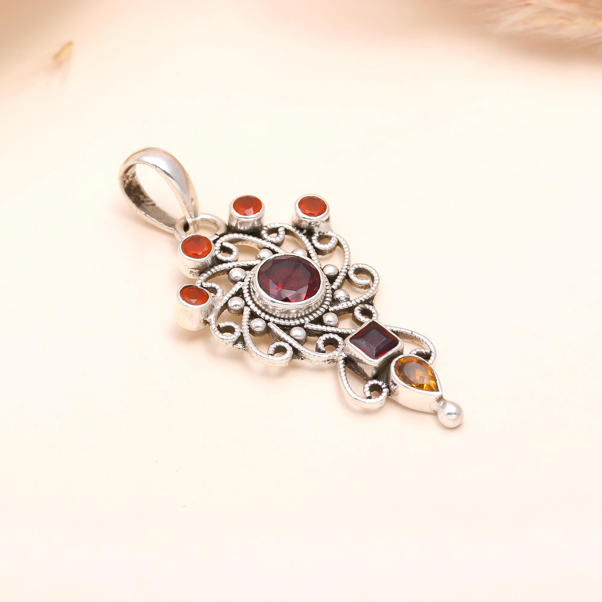 925 Sterling Silver Vintage Garnet & Citrine Filigree Pendant