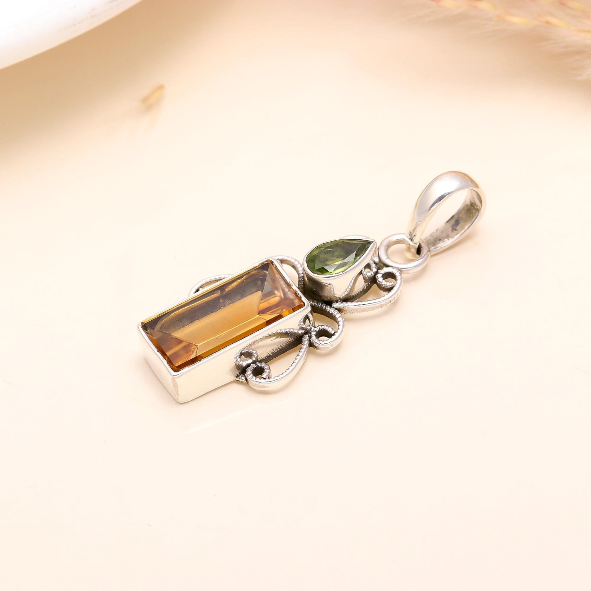 925 Sterling Silver Vintage Style Citrine & Peridot Filigree Pendant