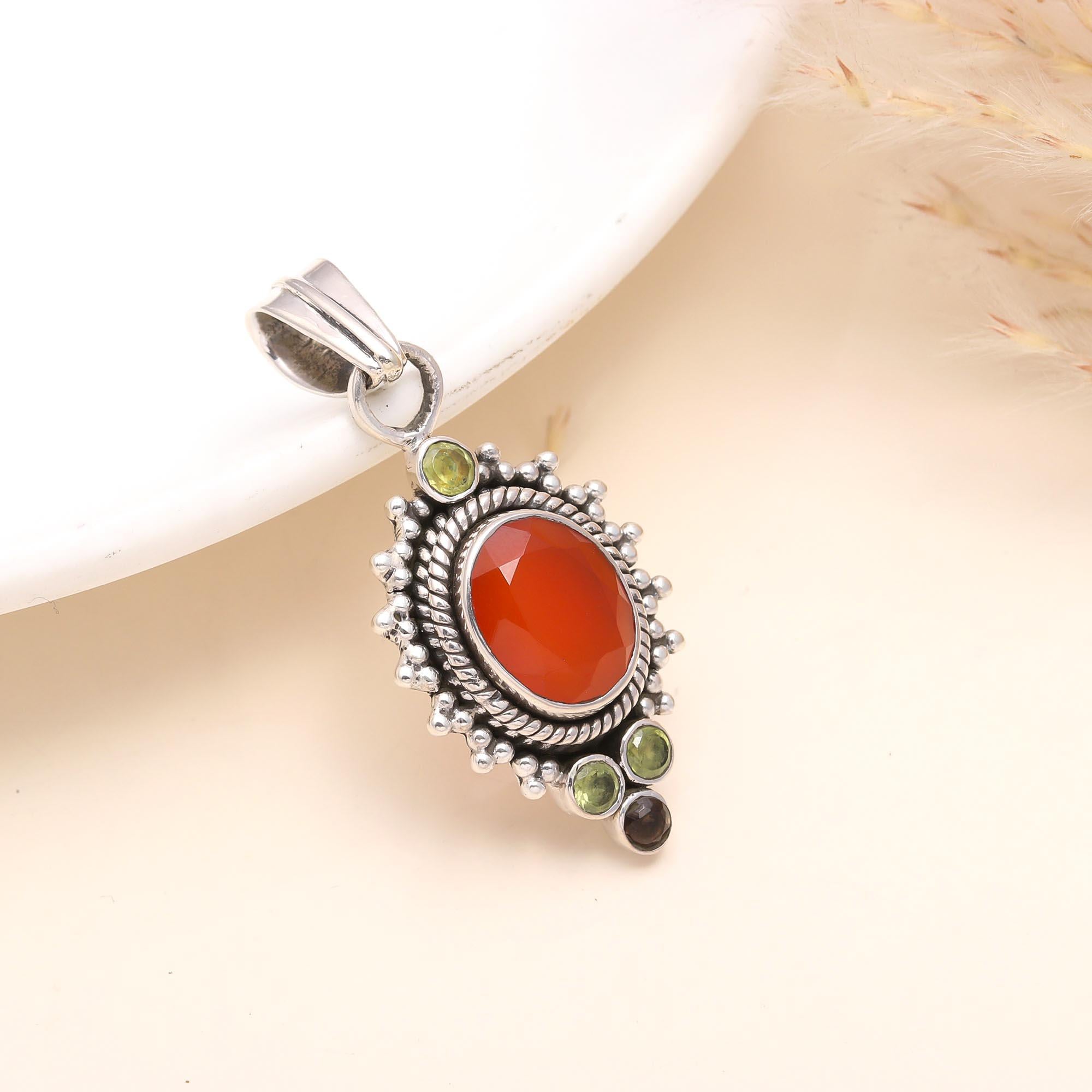 925 Sterling Silver Vintage Carnelian, Peridot & Smoky Quartz Pendant