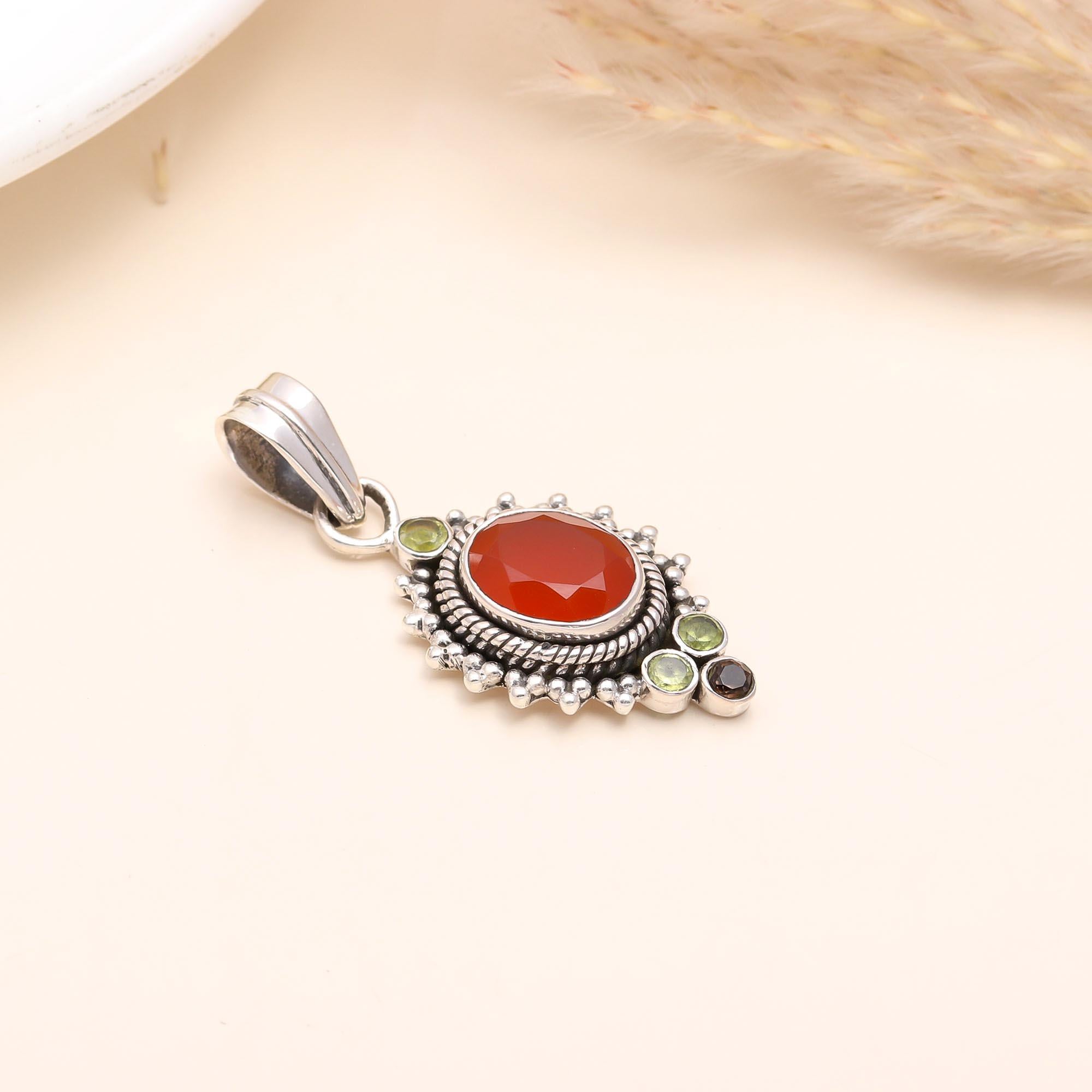 925 Sterling Silver Vintage Carnelian, Peridot & Smoky Quartz Pendant