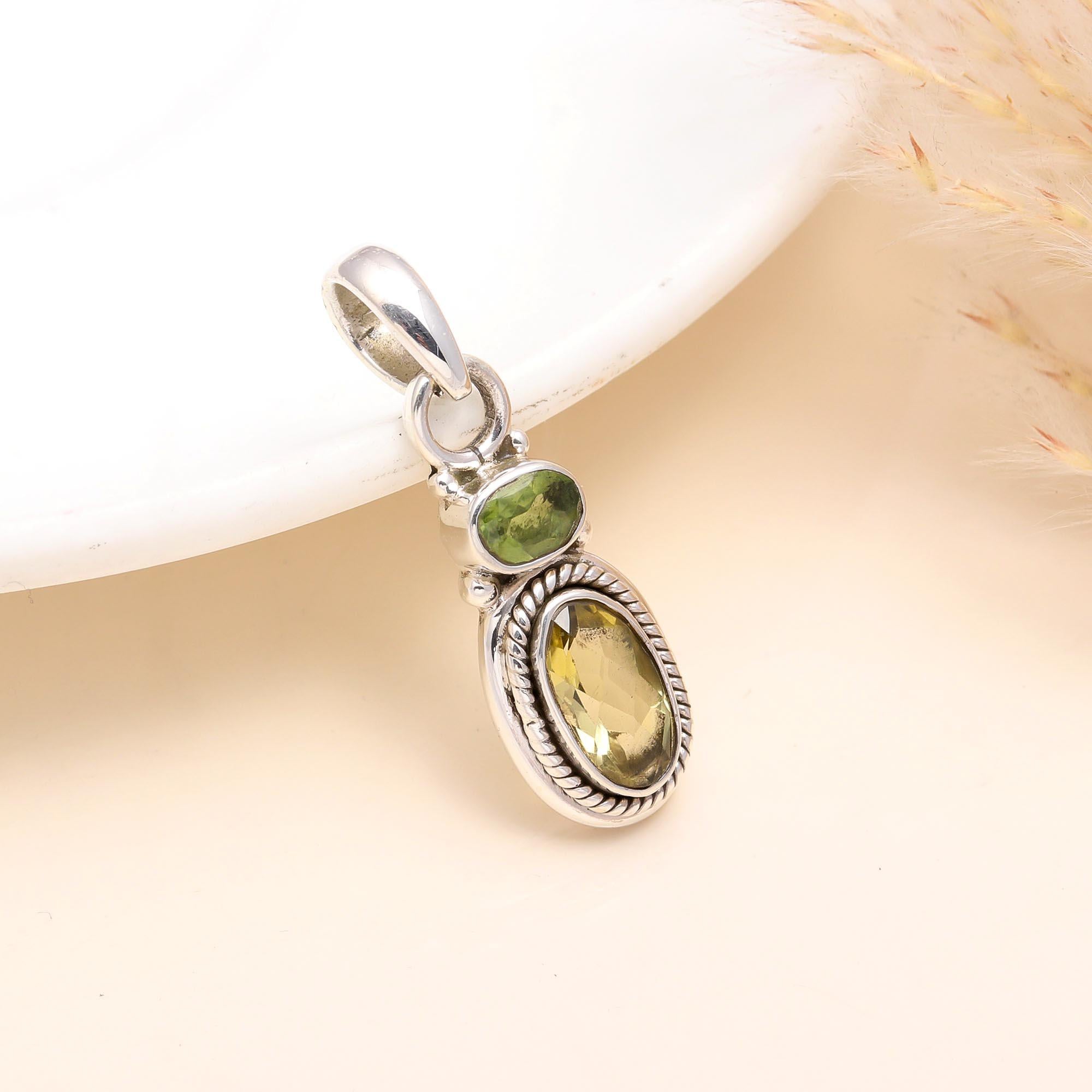 925 Sterling Silver Faceted Lemon Quartz & Peridot Pendant