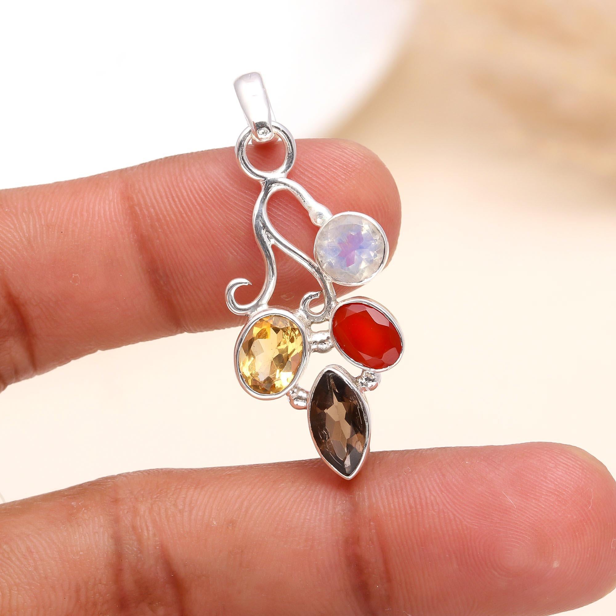 925 Sterling Silver Citrine, Moonstone, Carnelian & Smoky Quartz Multi-Gemstone Filigree Pendant