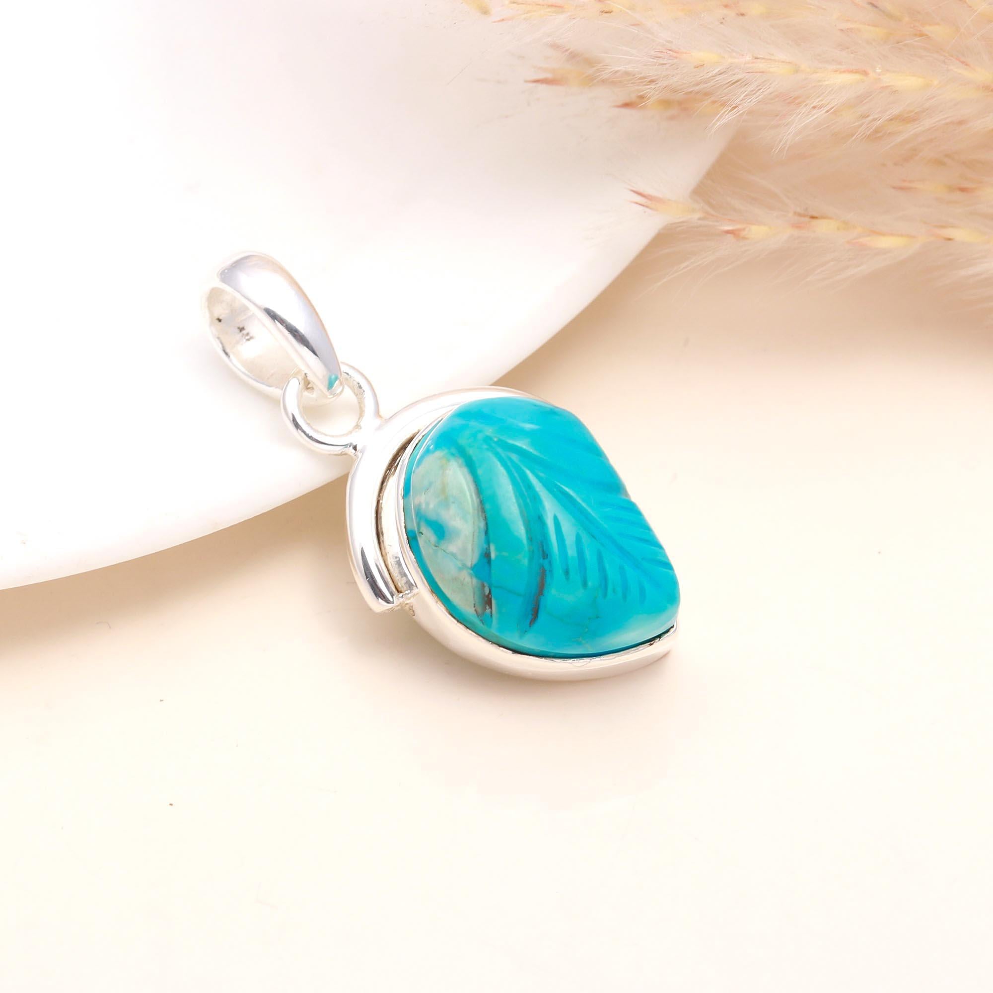 925 Sterling Silver Hand-Carved Turquoise Boho Pendant