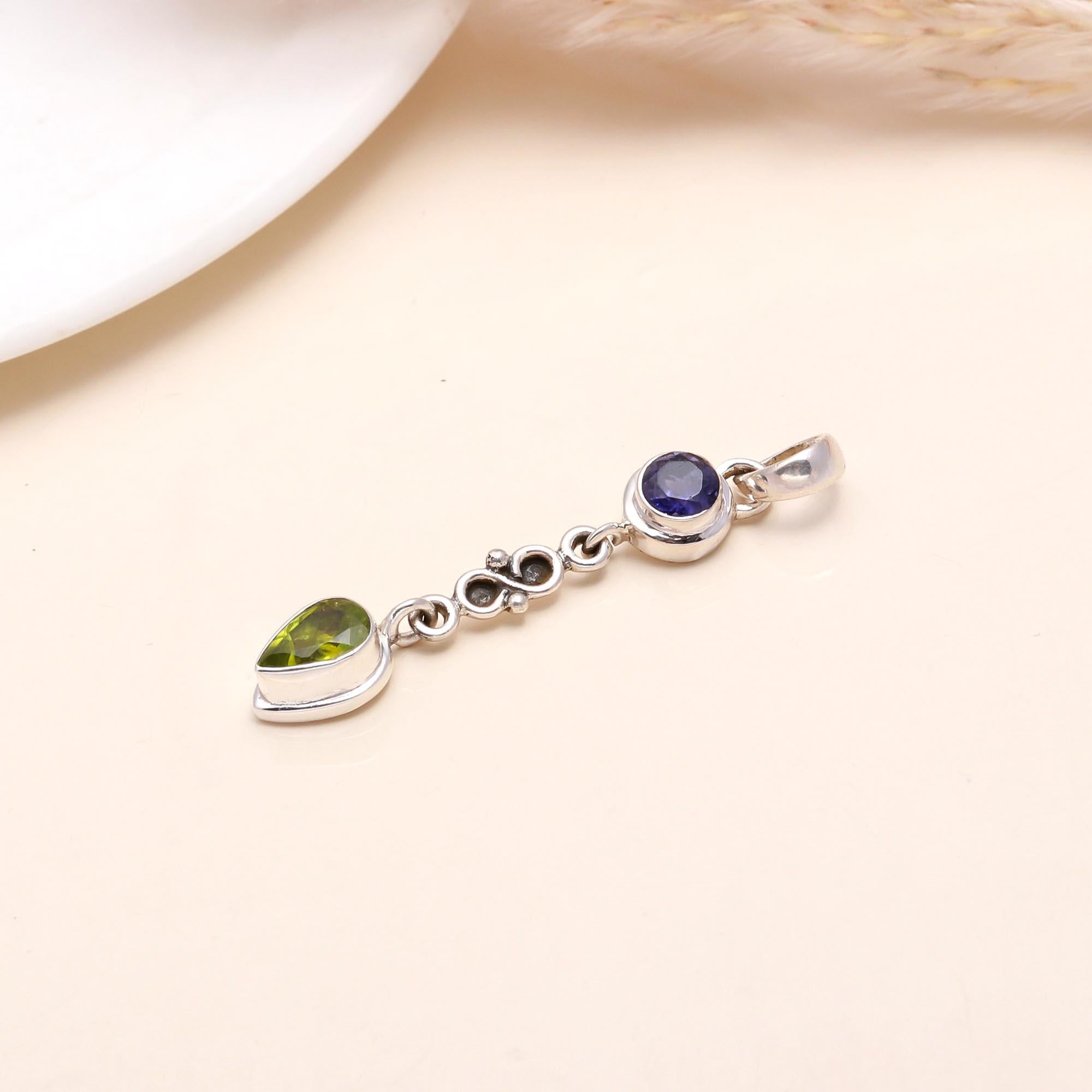 925 Sterling Silver Handmade Iolite & Peridot Dangle Pendant