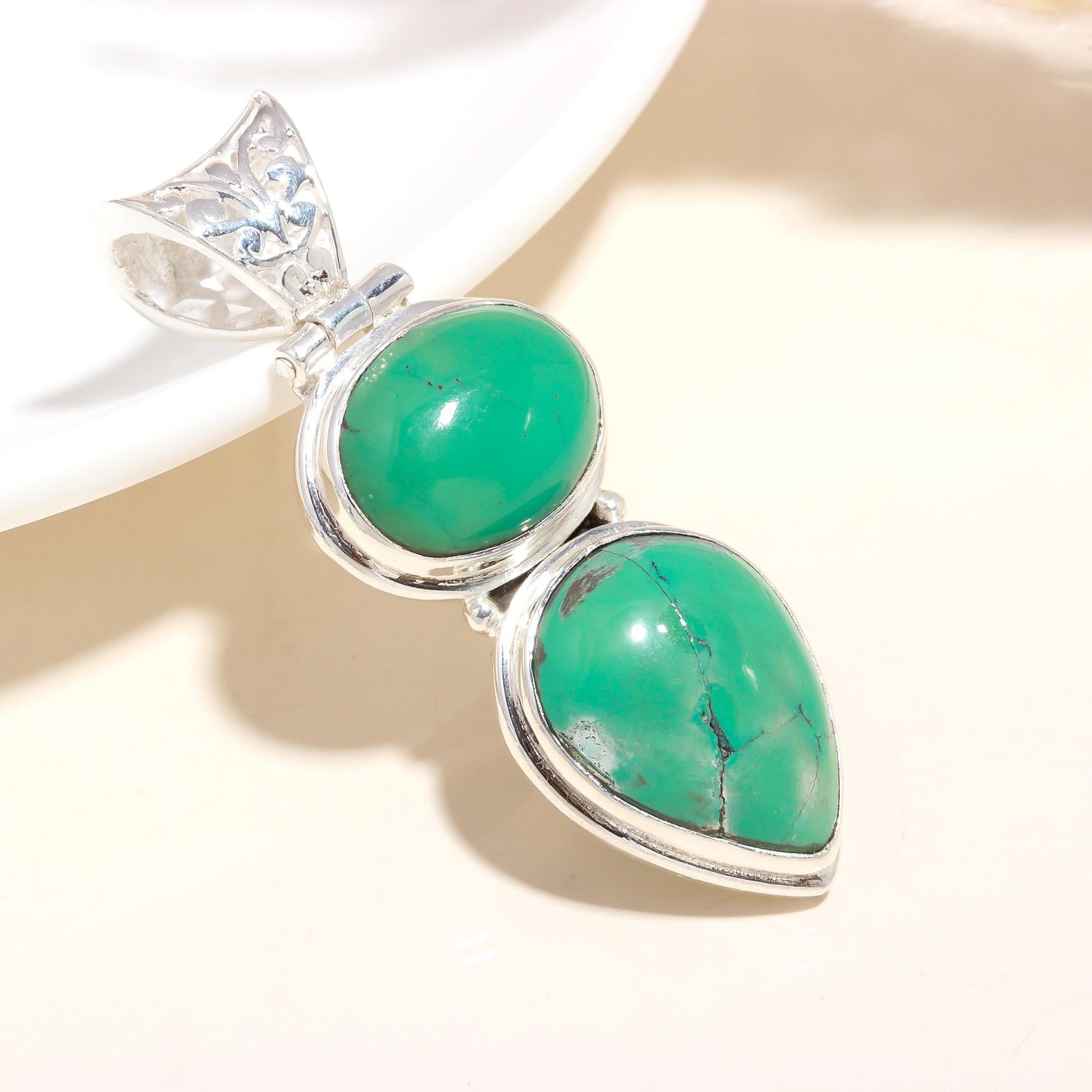 925 Sterling Silver Double Stone Green Turquoise Pendant