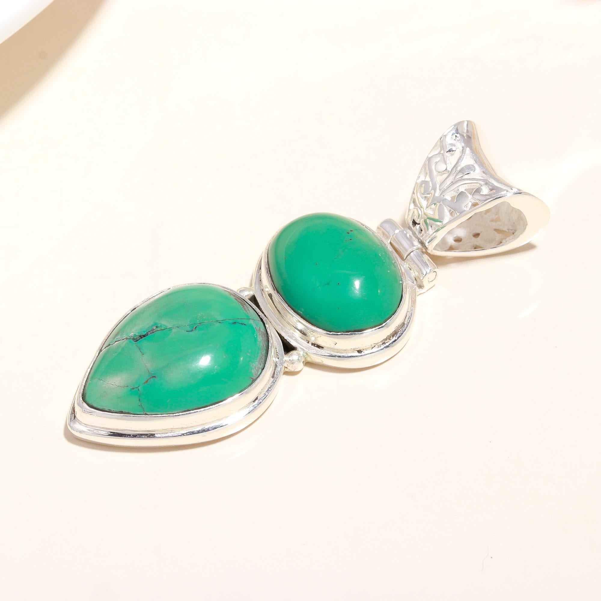 925 Sterling Silver Double Stone Green Turquoise Pendant