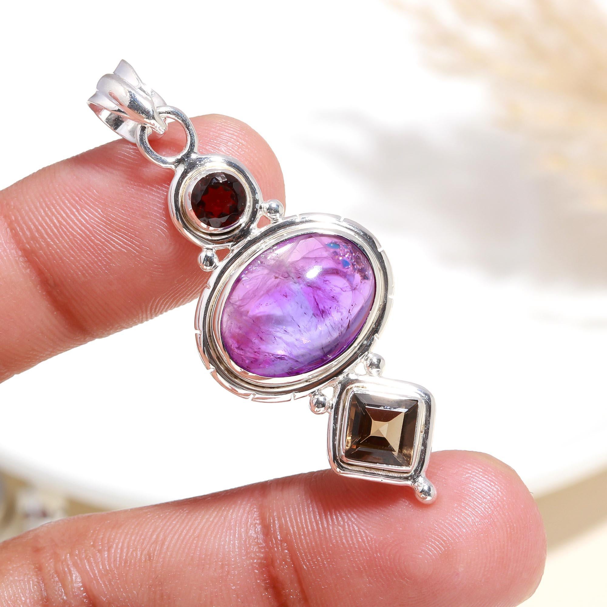 925 Sterling Silver Handmade Amethyst, Garnet & Smoky Quartz Pendant
