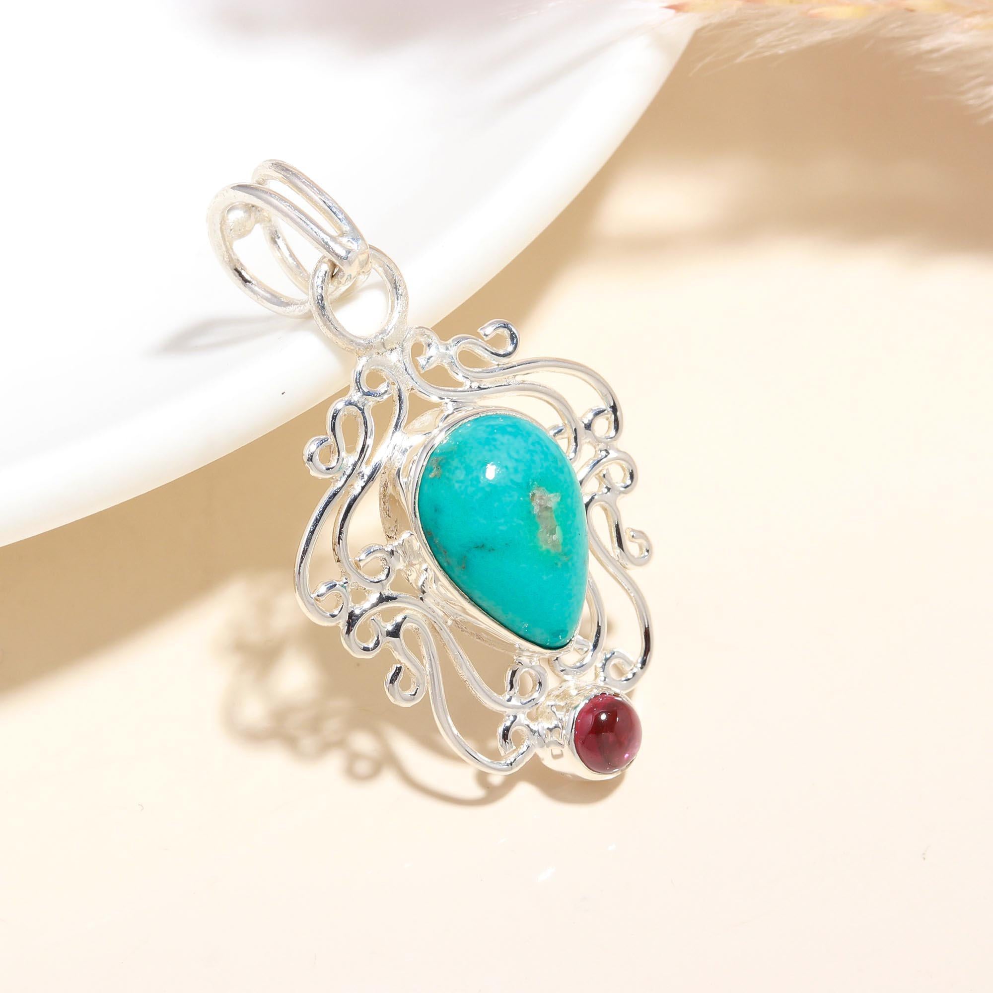 925 Sterling Silver Handmade Turquoise & Garnet Filigree Pendant