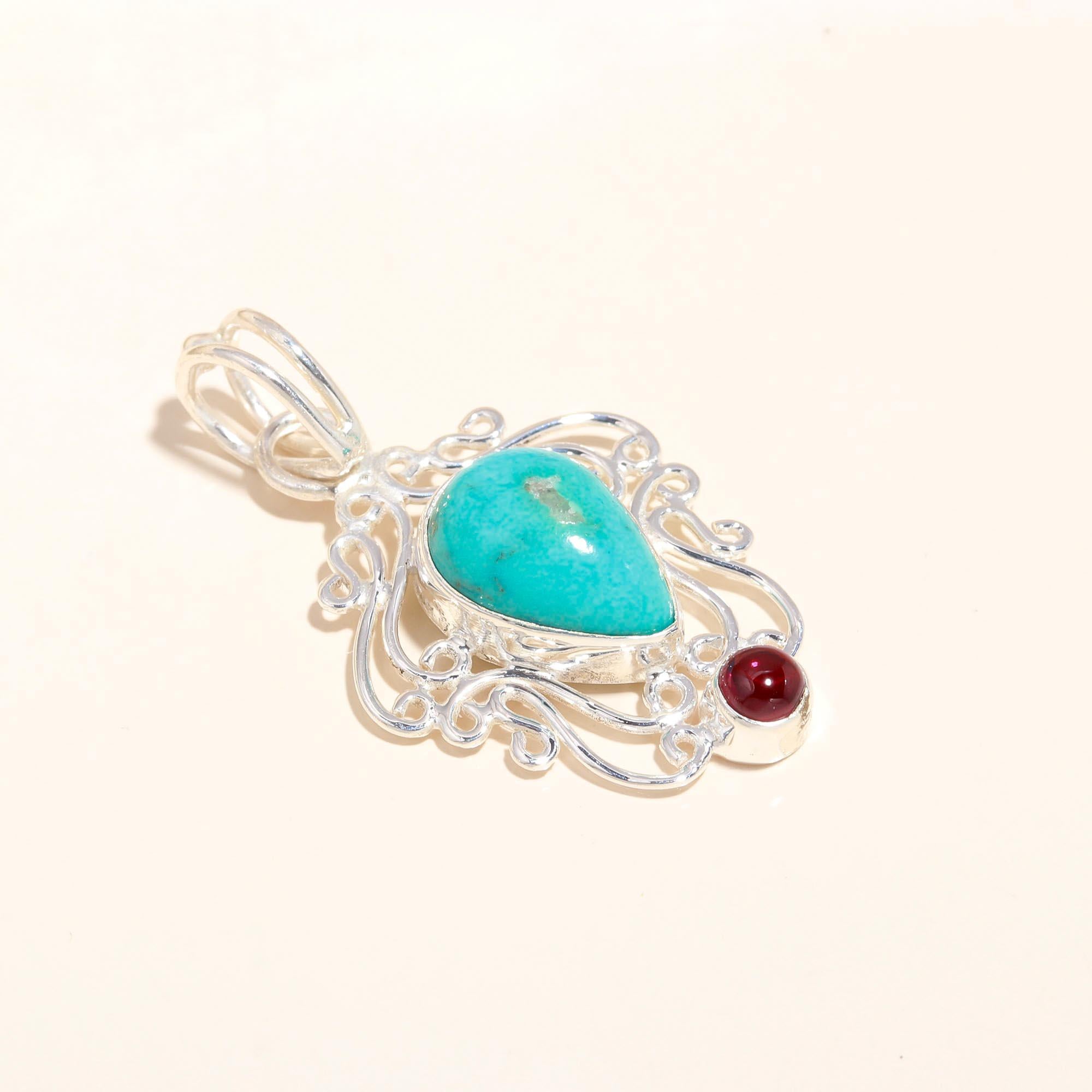 925 Sterling Silver Handmade Turquoise & Garnet Filigree Pendant