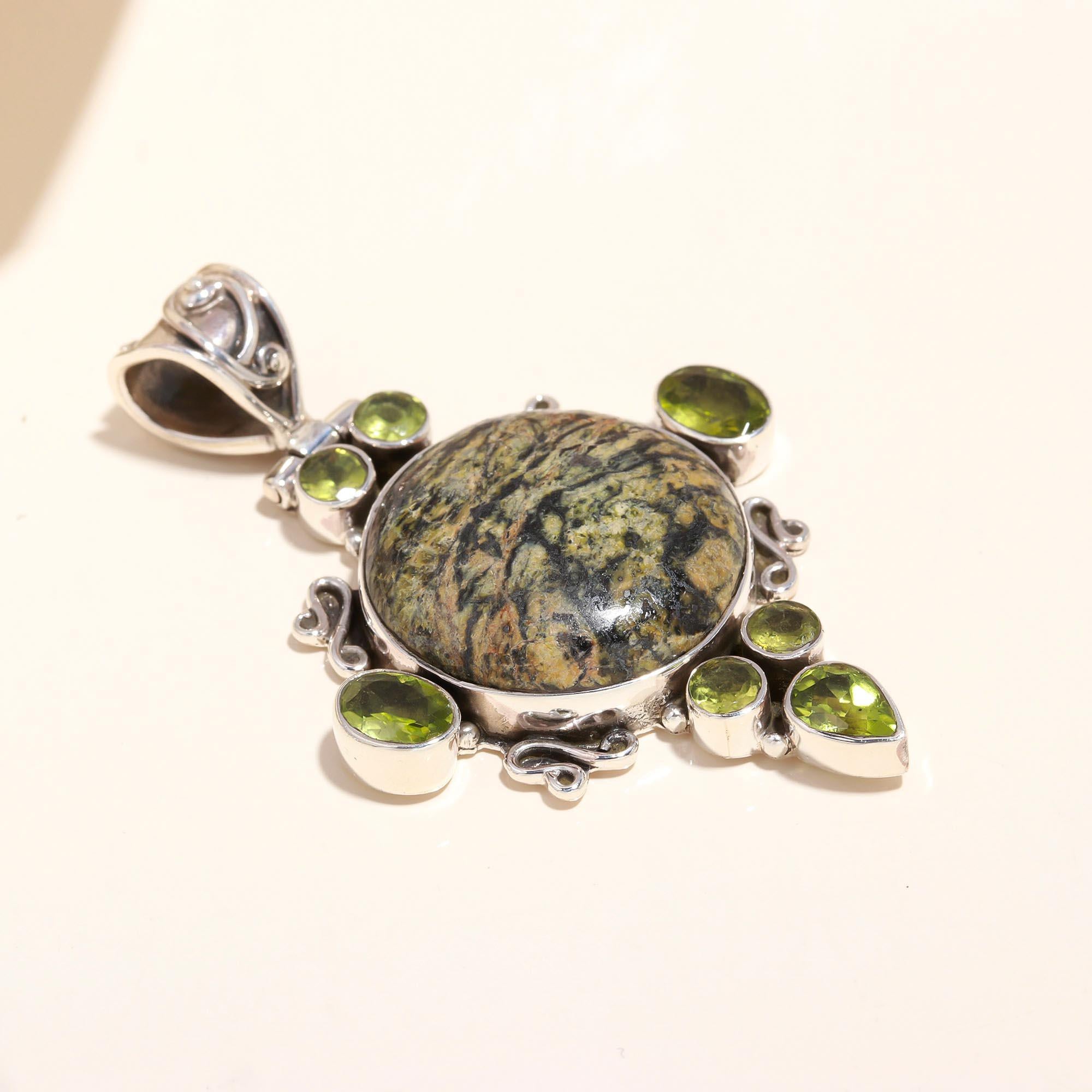 925 Sterling Silver Green Serpentine & Peridot Pendant