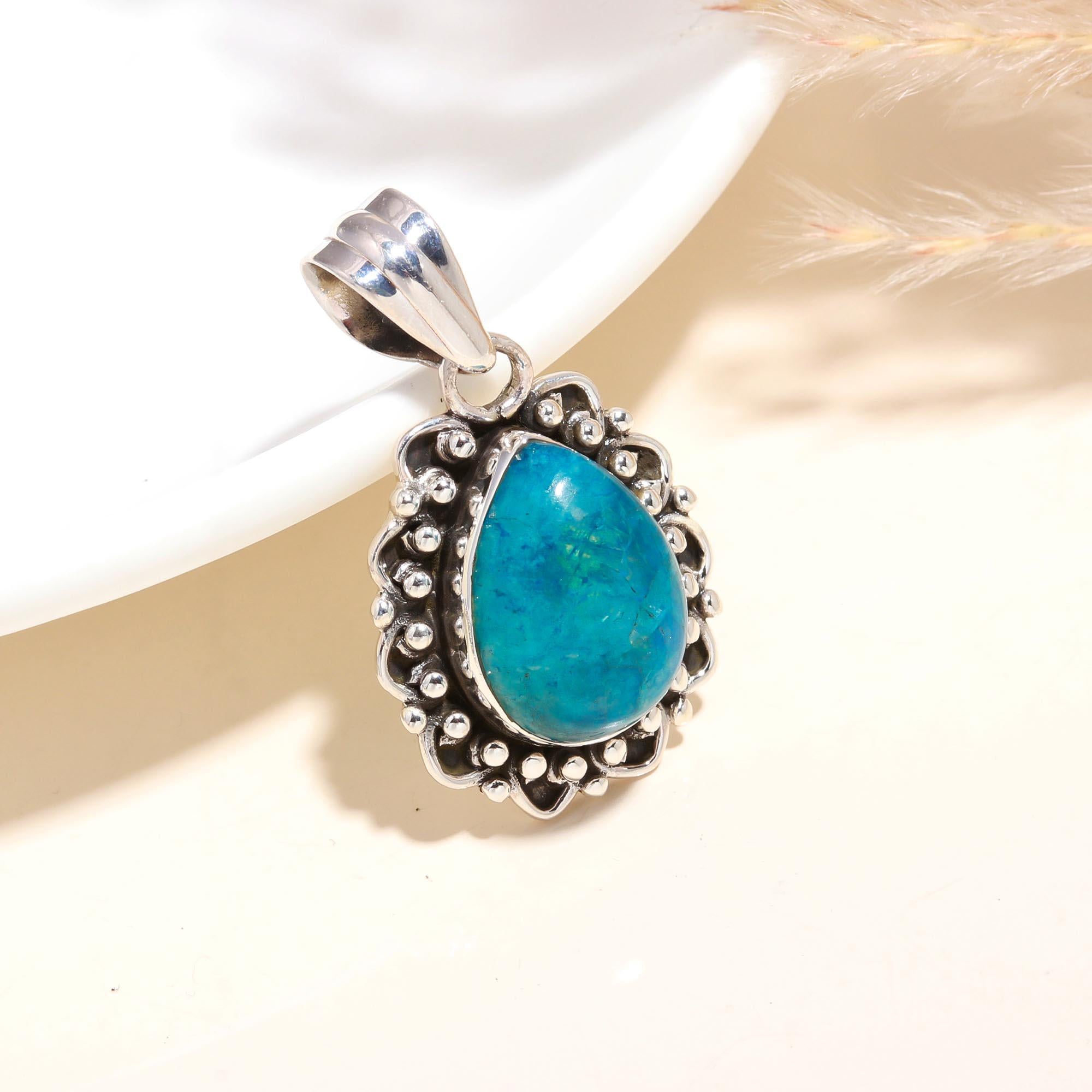 925 Sterling Silver Vintage Boho Turquoise Teardrop Pendant